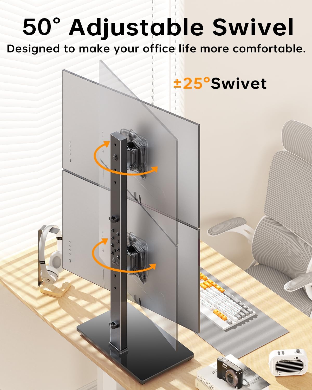 Dual Monitor Stand, FreeStanding Desk Stand for Two 13-32 inch Screens, Vertical Monitor Riser with Swivel, Tilt, Rotation, 4 Height Options, Holds One (1) Screen Up to 77Lbs, VESA 75x75mm/100x100mm