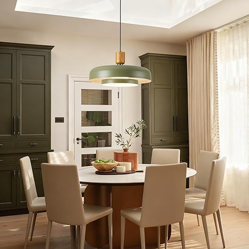 Miniatura 8 de Lámpara de araña de mediados de siglo de 19.68 pulgadas, con detalles de madera natural y latón, 2 capas de sombra verde profundo, grandes luces de