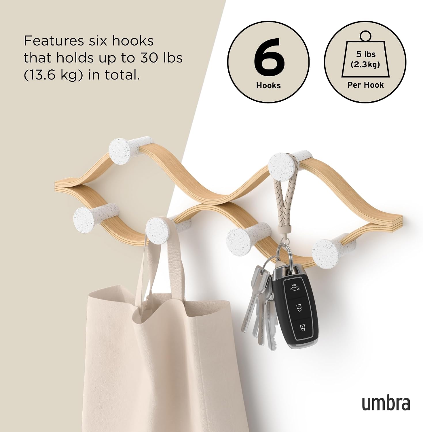 Umbra Montage Coat Rack, Wall Mounted 6 Hooks, White/Natural | Birch wood construction, 30 lb total capacity, 5 lb each, renewable sources