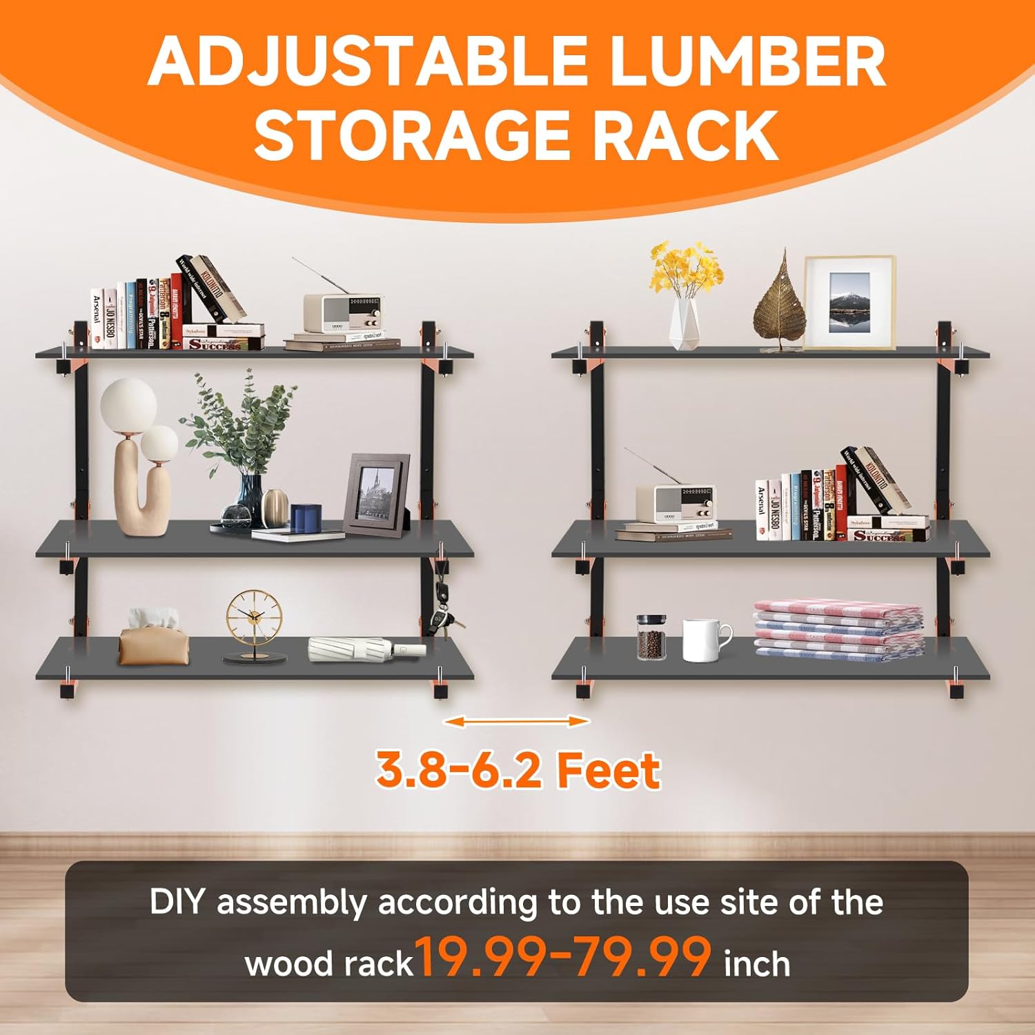 4 Pack Lumber Rack Wall Mount, Heavy Duty Wood Storage Racks, 6-Level System Organizer Shelving, 720 LBS Capacity Hanging Garage Shelves, Orange Brackets Utility Metal Shelf for Indoor and Outdoor - Image 4