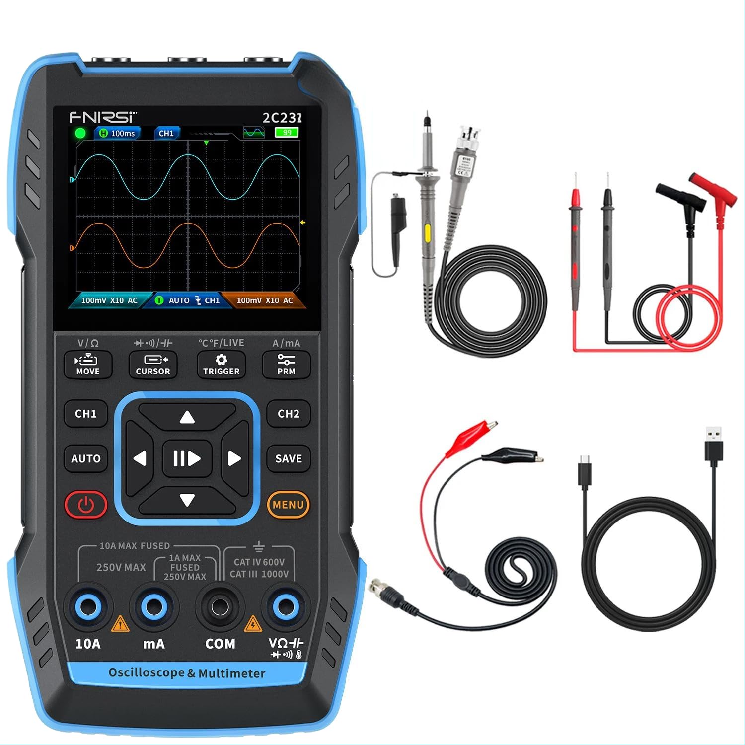 Oscilloscopio digitale a canale duale 3IN1 2C23T multimetro + generatore di segnali funzione 10MHZ*2 50MS/s CA CC 1000V 10A T-RMS (2C23T)