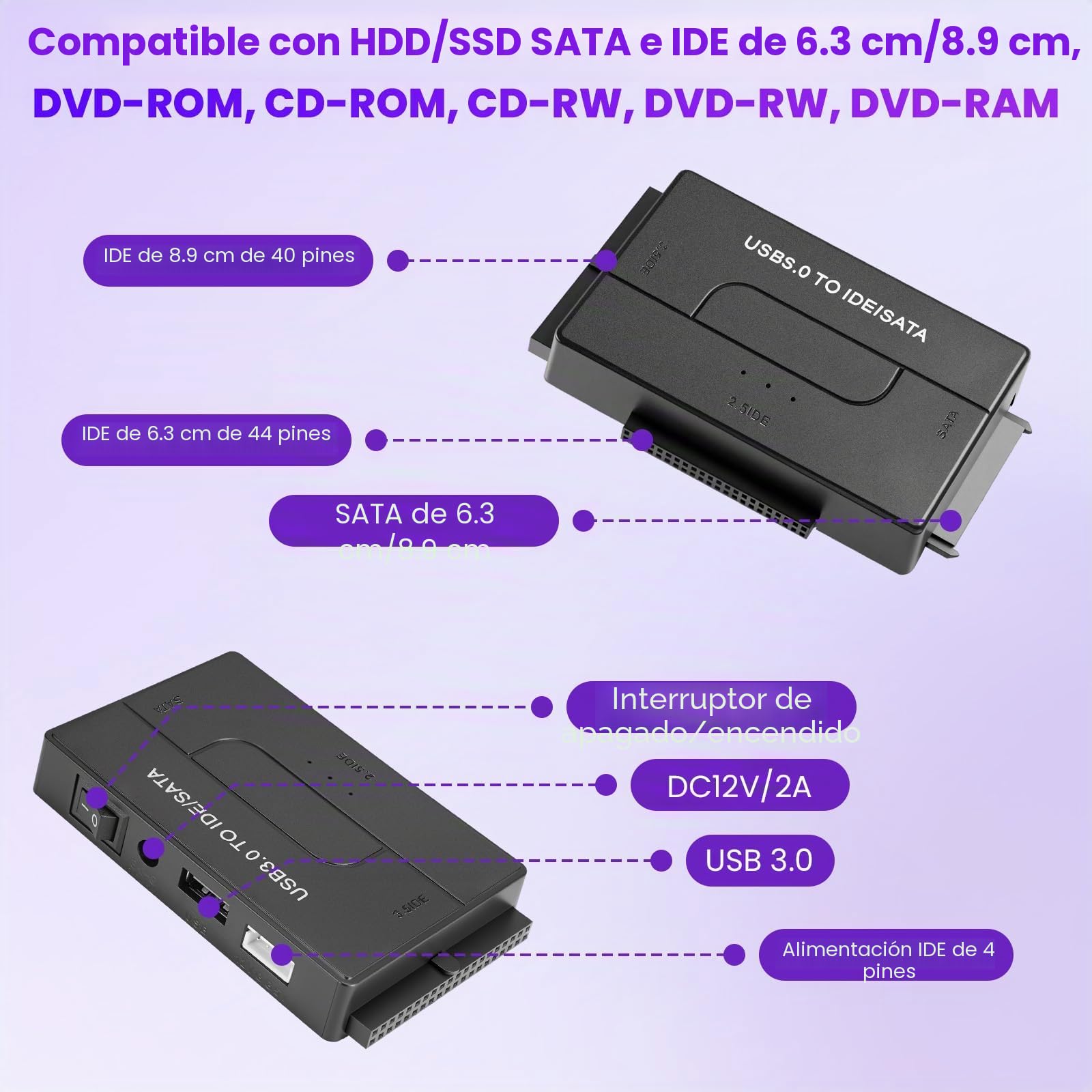 Adaptador Lector Discos Duros USB3.0 5Gbps para 2,5'' y 3,5'' IDE y SATA HDD/SSD, Conversor Adaptador de Disco Duro USB3.0 a IDE/SATA Soporta Windows/Linux/MacOS para CD-ROM/CD-RW/DVD-RW