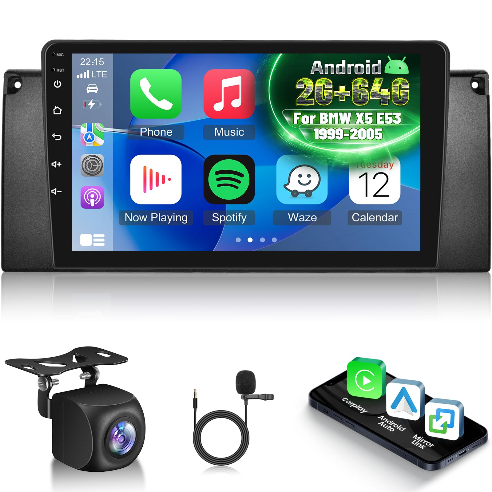 Android Autoradio pour BMW X5 E53 1999-2005 avec sans Fil Carplay et Android Auto, Écran Tactile HD de 9 Pouces avec GPS/WiFi/Bluetooth/EQ/FM RDS