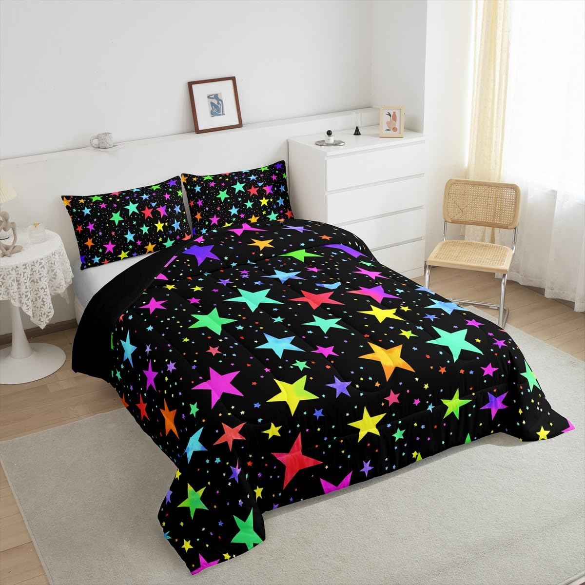 Erosebridal Kawaii Glitter Stars Bedding Sets Queen Rainbow Glowing Star Bedding Comforter Sets Psychedelic Space Cosmos Duvet Colorful Neon Light Star Quilt Comforter Girls Cute Bedding 3pcs Cozy