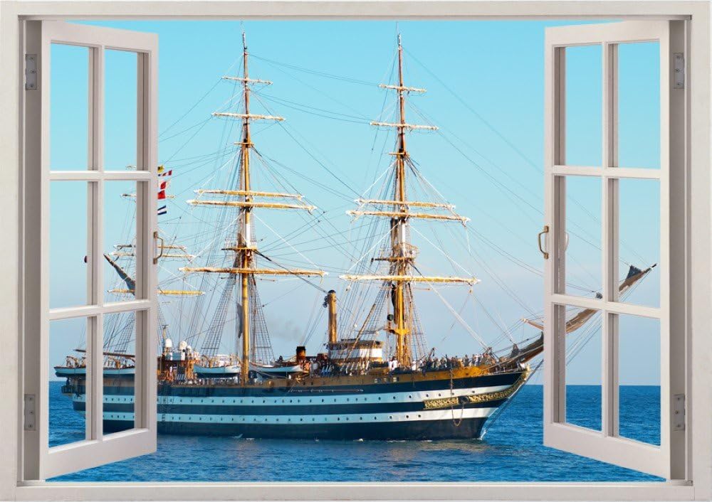 Realistic Window Wall Decal – Peel and Stick Nautical Decor for Living Room, Bedroom, Office, Playroom – Ship Wall Murals Removable Window Frame Style Ocean Wall Art – Vinyl Poster Wall Stickers