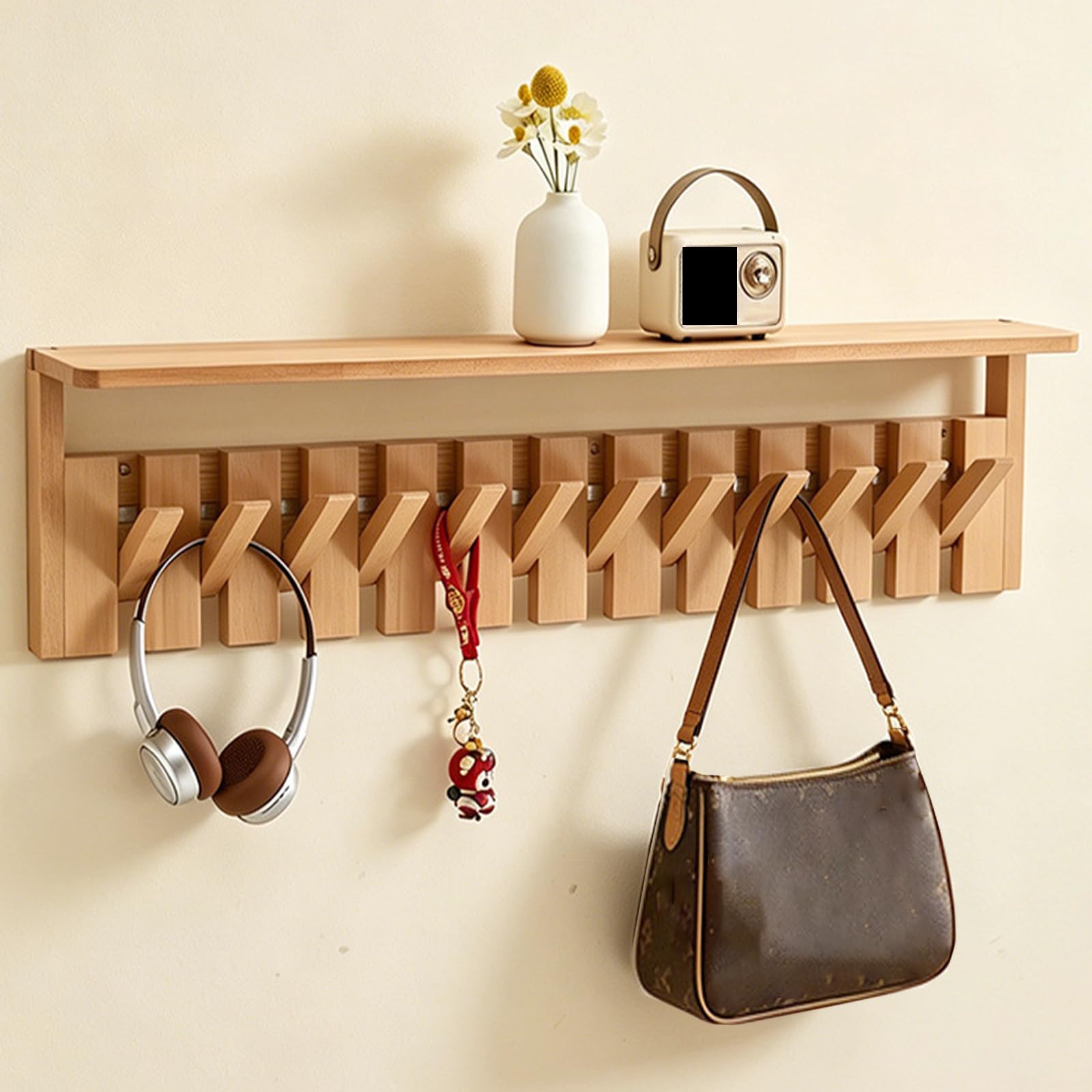 ¿Cansado de perder las llaves? Perchero resistente con estante de madera para pared