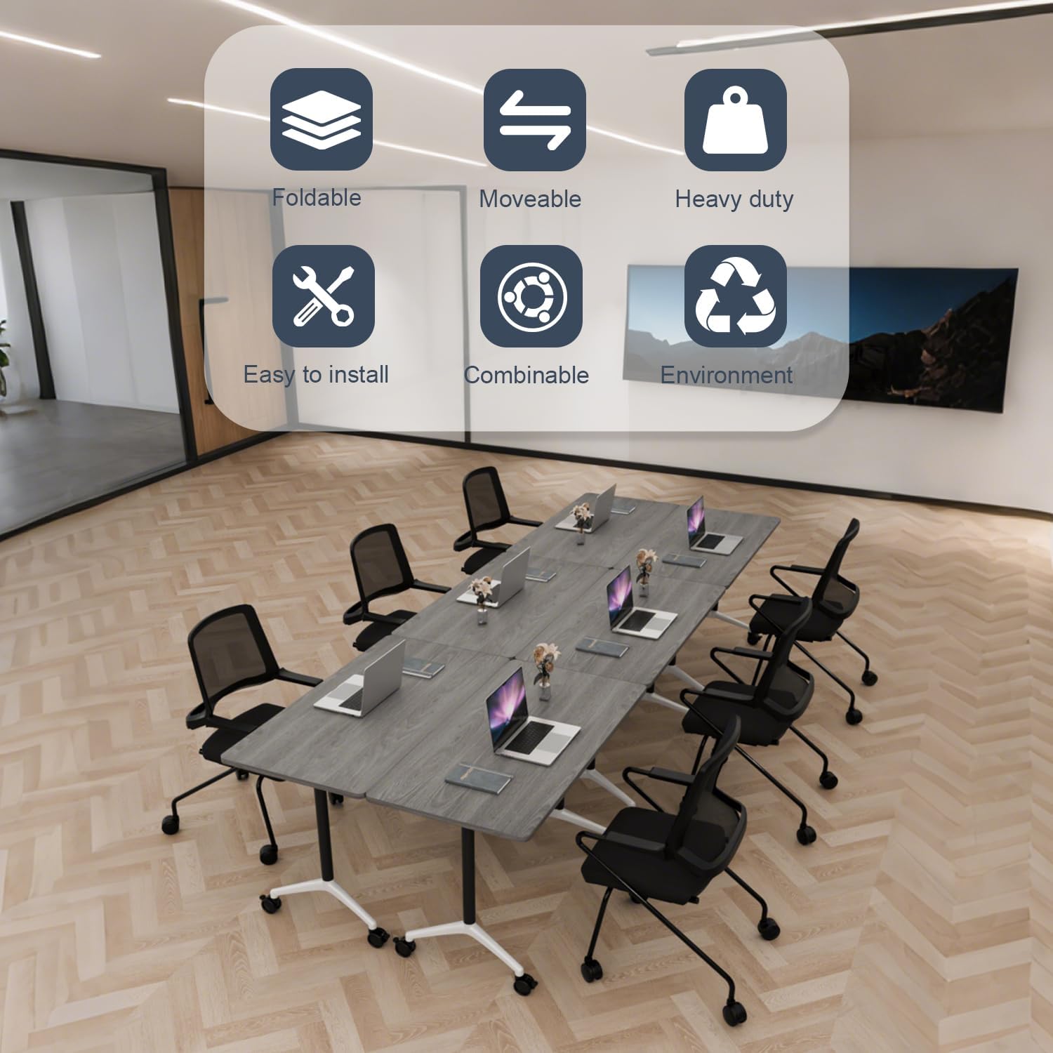 Folding Conference Table, Flip-Top Mobile Training Conferences Table with Wheels, Rolling Conference Room Tables for Office Classroom Meeting Rooms Business(Grey 8P 55.1in)