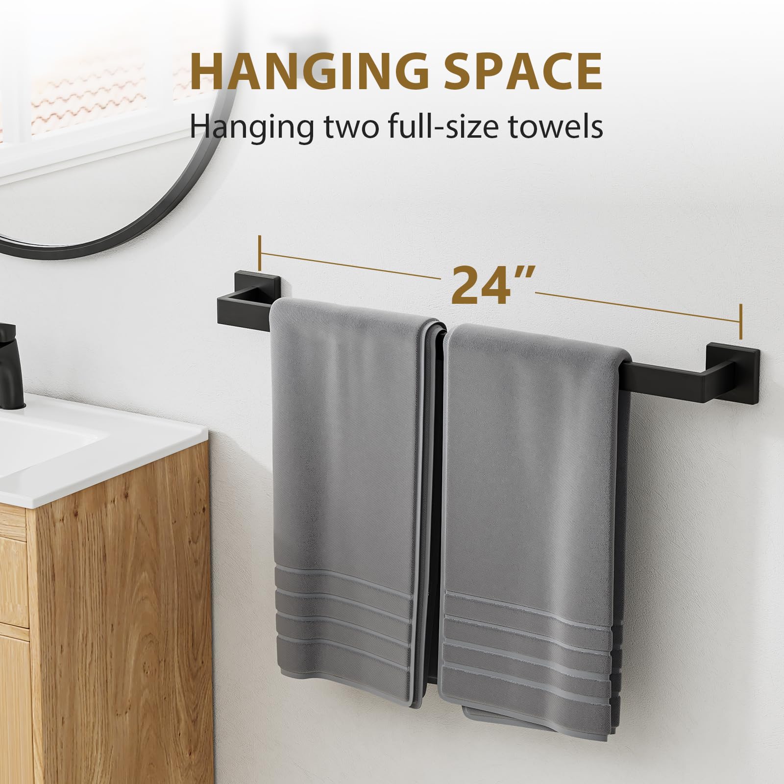 Luxbaro 24 Inch Matte Black Towel Bar, Square Base, Total Length 26-Inch — Amazon image 5
