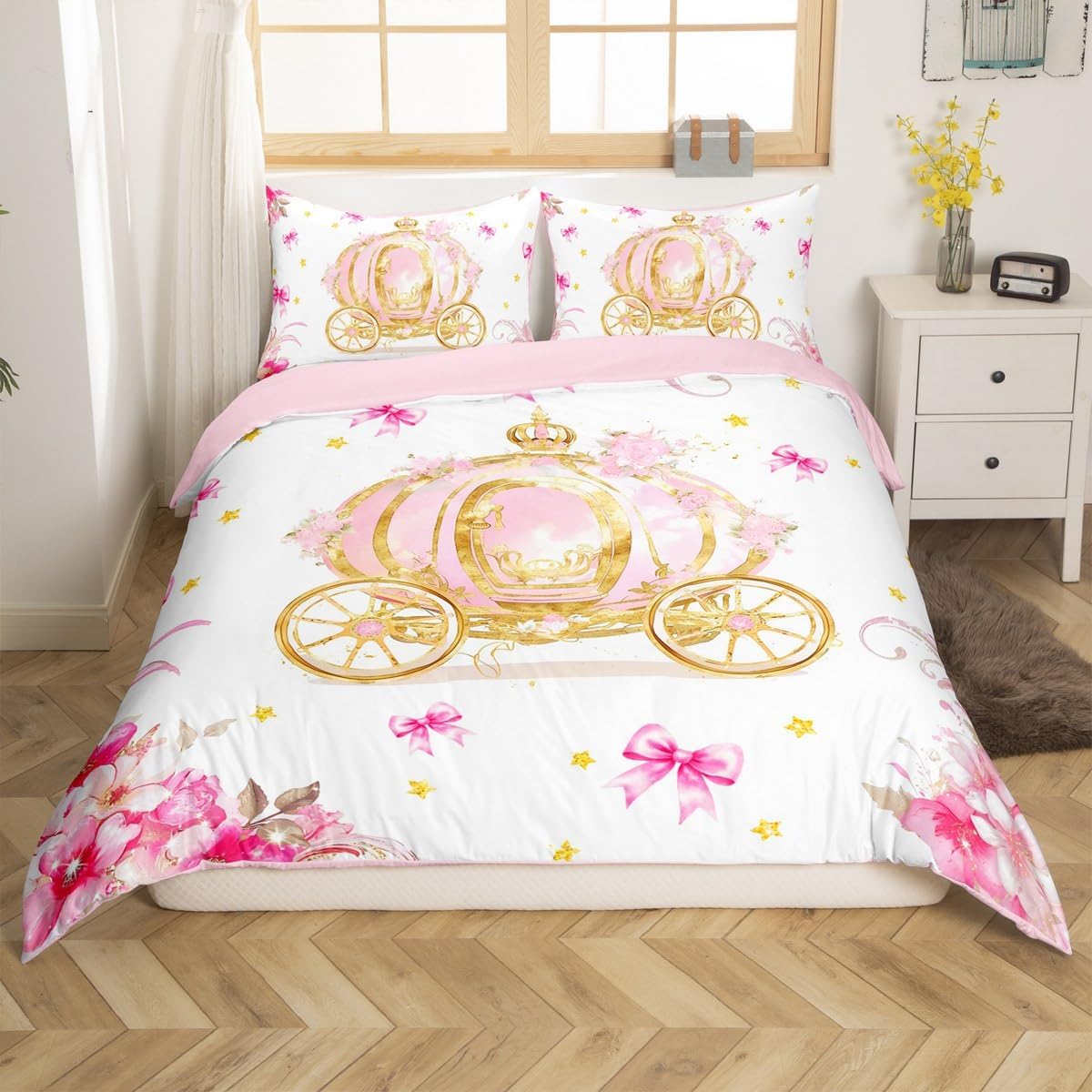 Princess Carriage Duvet Cover Luxury Pink Carriage Bedding Set Fairy Tale Flowers Comforter Cover(No Filler) for Boys Girls Kids Room Decor Bedding Set Twin Size with 1 Pillowcase image 2