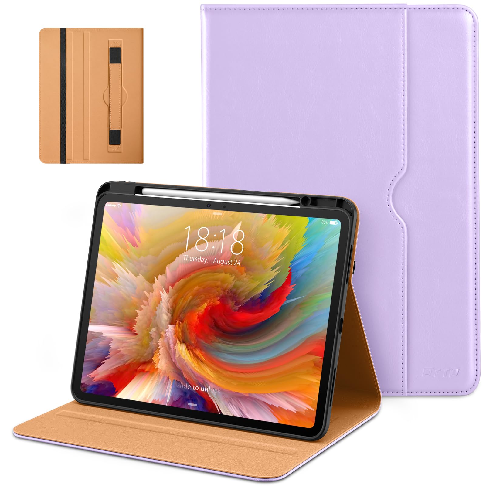 DTTO for iPad Pro 13 inch Case (M5/M4) 2025/2024, Premium Leather Business Folio Stand Cover with Pencil Holder - Auto Wake/Sleep & Multiple Viewing Angles, Built in Hand Strap & Pocket, Lavender