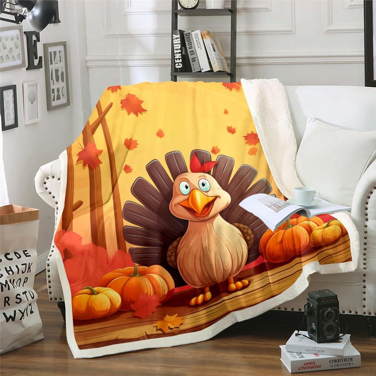 Erosebridal Turkey Fleece Blanket Happy Thanksgiving Throw Blanket for Kids Toddler Teens Cartoon Cockerels Blanket, Pumpkin Maple Leaves Sherpa Blanket Queen Size