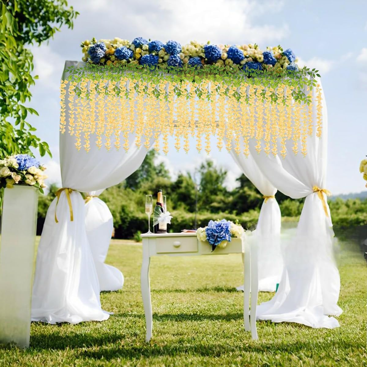 Artificial Wisteria Hanging Flowers-Fake Wisteria Flower Garland Silk Vines Rattan Decor for Home Wedding Arch Wall Garden Greenery Bedroom Outdoor Office Party Decoration (12, Champagne) - Image 2