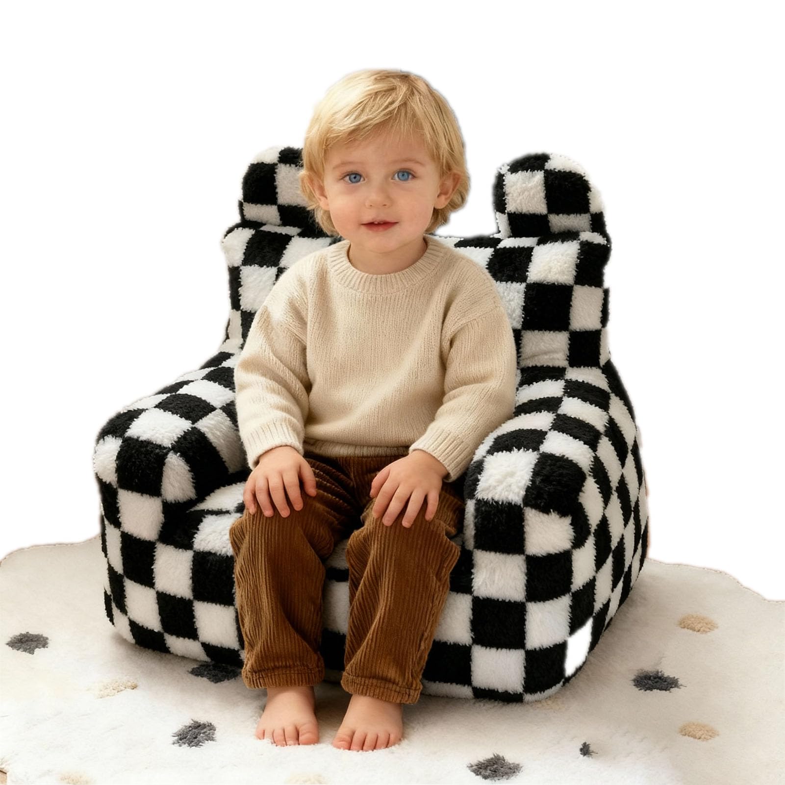 Modern Plush Bean Bag for Kids, Soft Foam Filled Floor Chair, Comfortable Couch for Children's Playroom, Bedroom, and Living Room Decor (Black and White Check)