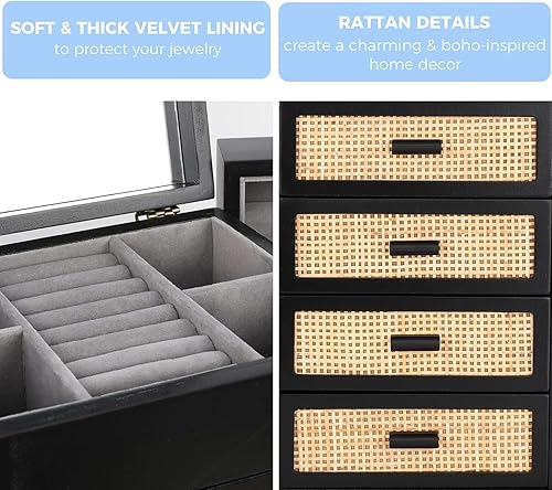 Miniatura 5 de Organizador de joyas, caja de joyería de ratán, caja organizadora de joyas de madera de 5 capas con espejo, cajas de joyería con 4 cajones para