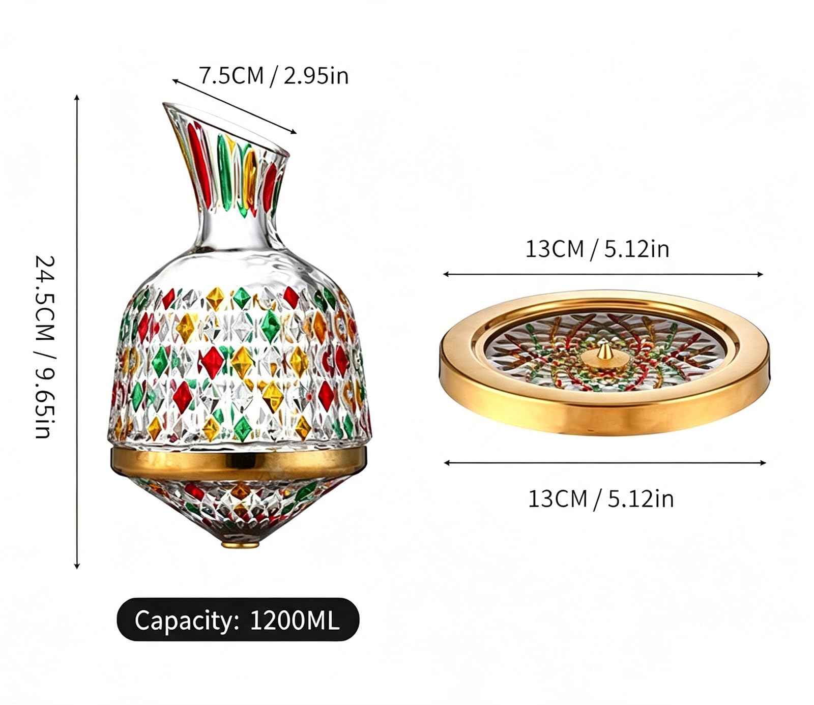 Set decanter per vino girevole con base in metallo e due calici da vino a stelo colorato modello di diamante cristalleria per casa bar pranzo e regalo scopo