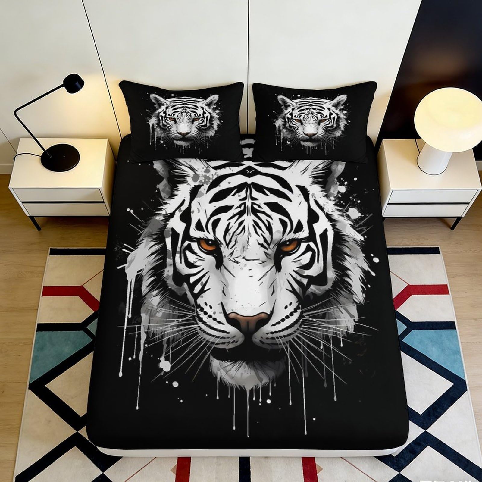 3D Printed White Tiger Face Fitted Sheet Microfiber Black Bed Cover for Bedroom Dorm Mattress Protection Decor 120x200x25cm