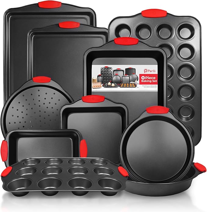 Perlli Baking Pan 10 Piece Set Nonstick Carbon Steel Oven Bakeware Kitchen Set with Silicone Handles, Cookie Sheets, Round Cake Pans, Square Pan, Loaf Pan, Roasting Pan, Pizza Crisper, Muffin Pans