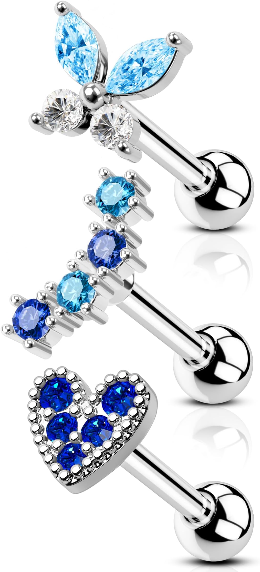 3Pcs Blue Butterfly Cartilage Earring Stud Set 16g Heart Helix Earring Stud Aque Blue Tragus Helix Piercing 6mm Screw Back Helix Jewelry