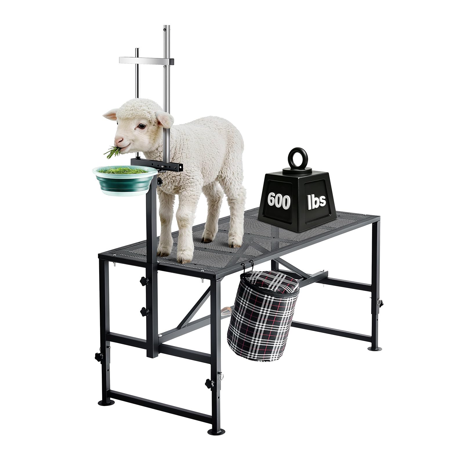 VEVOR Supporto per Mungitura Capre, Piattaforma Metallica per Bestiame 1295 x 584 mm con Mangiatoia, Testiera Regolabile e Cestino Porta Attrezzi, Colore Nero, per Tosatura Agnelli Vitelli e Pecore