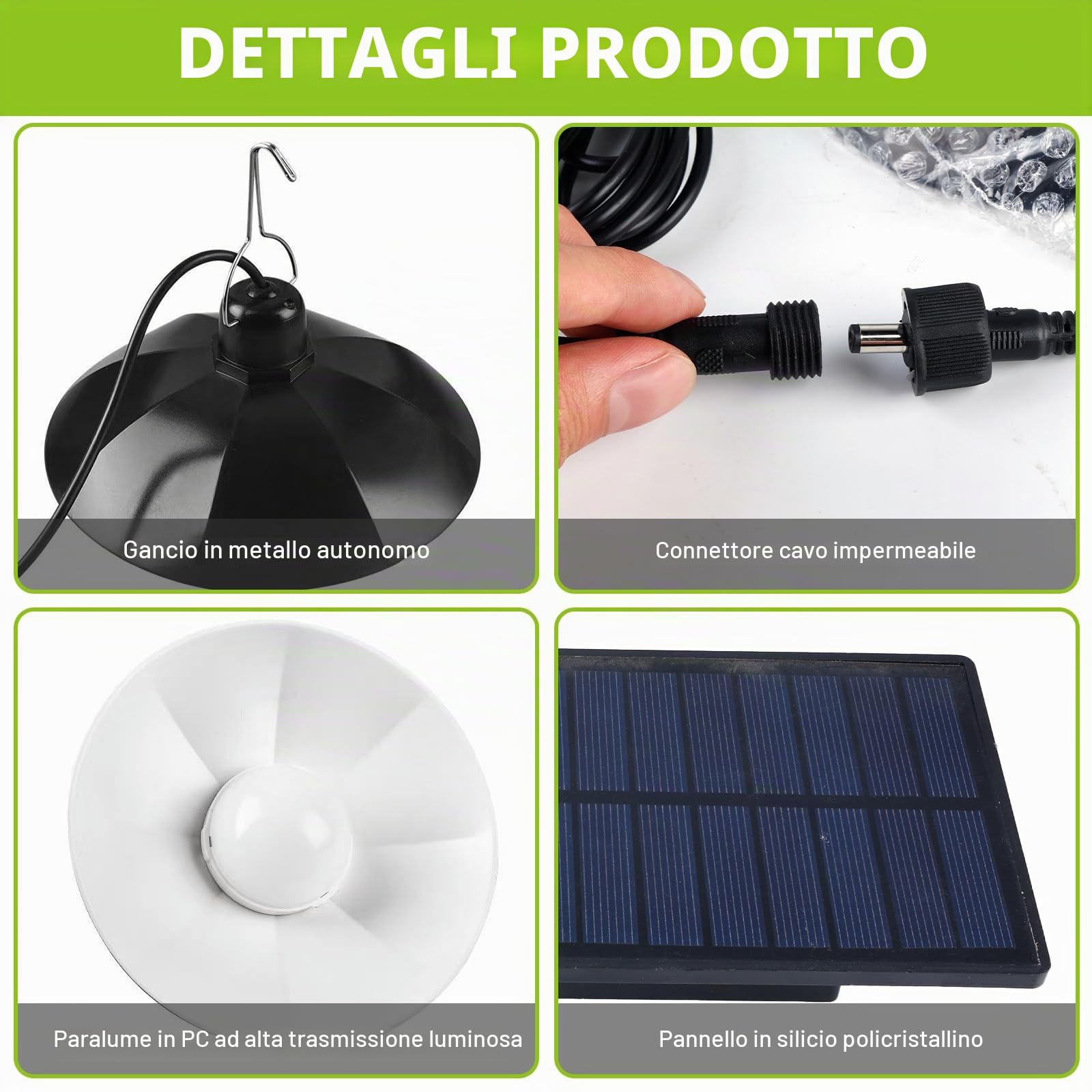 Lampade solari per interni ed esterni, lampada solare con telecomando, lampada a sospensione LED solare IP65 resistente all'acqua, lampade solari per esterni con cavo da 10 m, lampada a sospensione