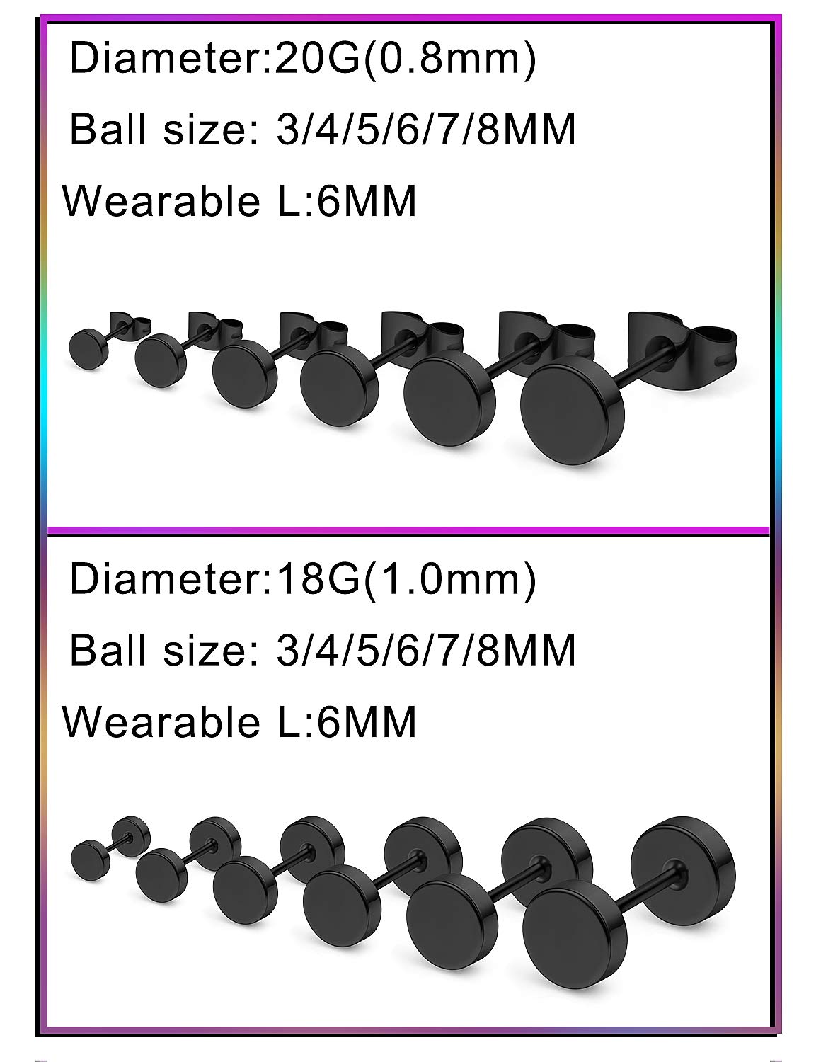 Juego de 12 pares de aretes tipo dormilona de acero quirúrgico de 0.71 oz y 0.75 onzas para mujeres y hombres, aretes tipo dormilona con barra de hélix, tragus, piercing de joyería, tamaños de 7
