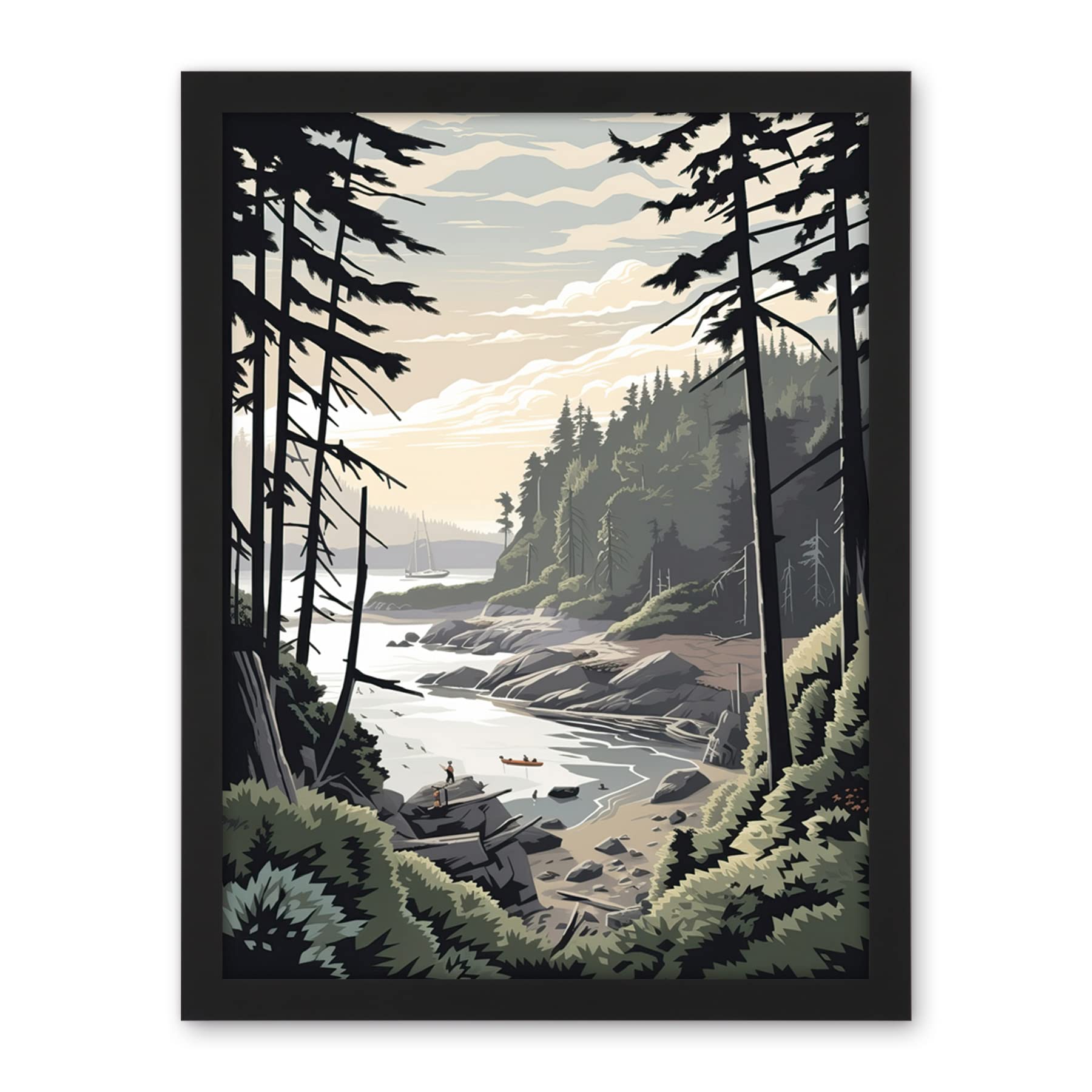 Artery8 Great Bear Rainforest Hikers Coastal Landscape Artwork Framed Wall Art Print 18X24 Inch