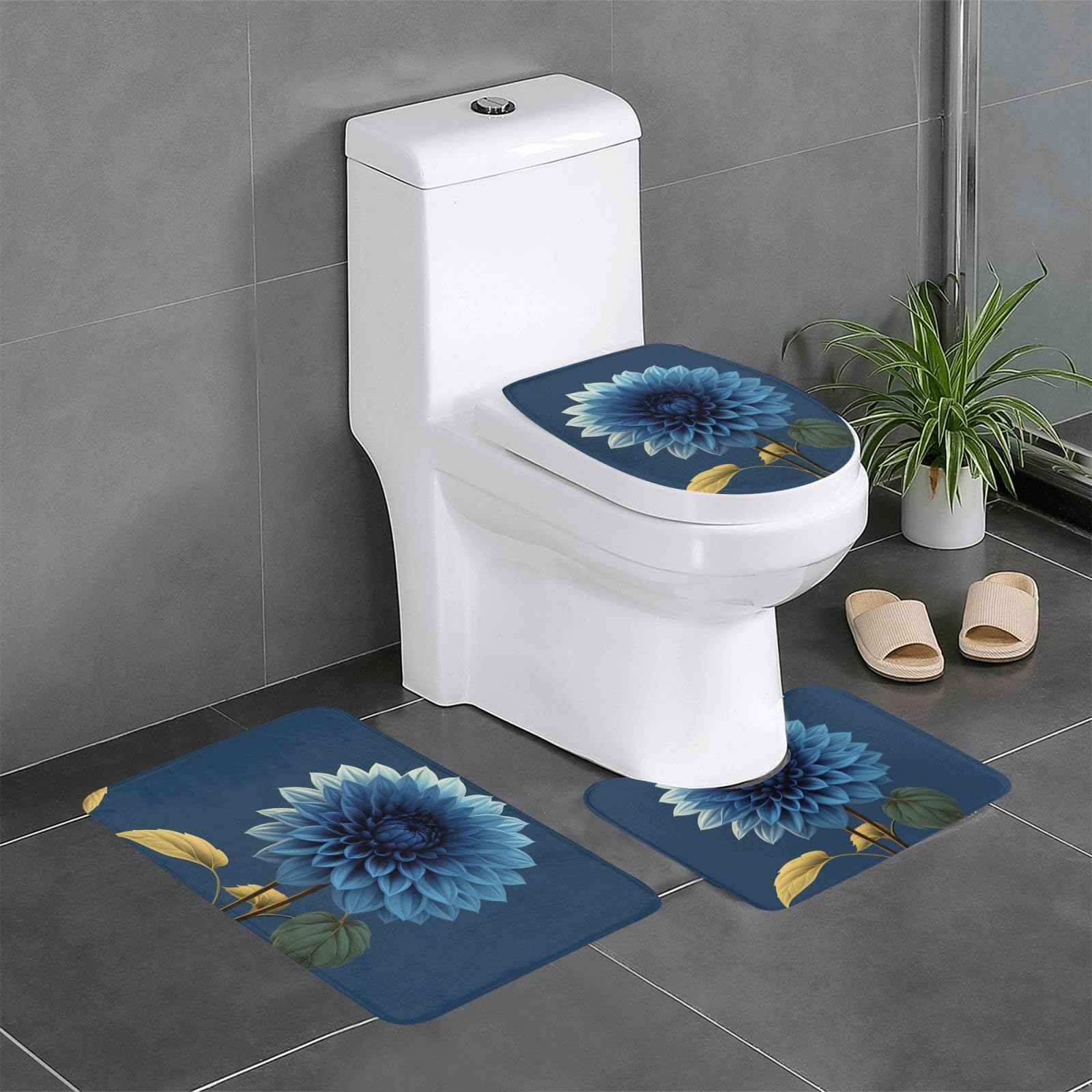 Tapis de bain dahlia bleu en lot de 3 pièces pour wc et lavabo