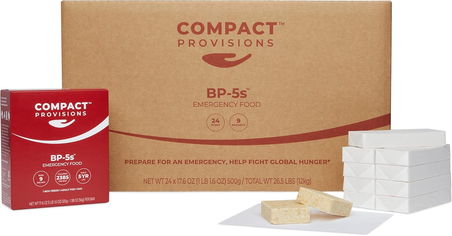 Compact Provisions BP-5s Emergency Food Supply - 24-Pack - Non-Perishable Survival Rations for Disaster Preparedness & Disaster Kits - 2385 Calories, 72g Protein Per Box - 9 bars/box - - 