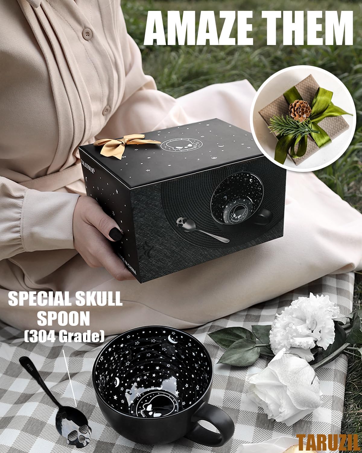 Midnight Skull Coffee Mugs with Spoons, Halloween Christmas Birthday White Elephant Gifts for Adult Women Men Friends, Spooky Witchy Gag Fun Gifts Gothis Decor Novelty Tea Cups - Image 6