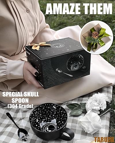 Miniatura 6 de Taruzil Tazas de Café de Calavera de Medianoche con Cucharas, Regalos de Elefante Blanco para Halloween Navidad Cumpleaños para Mujeres Hombres
