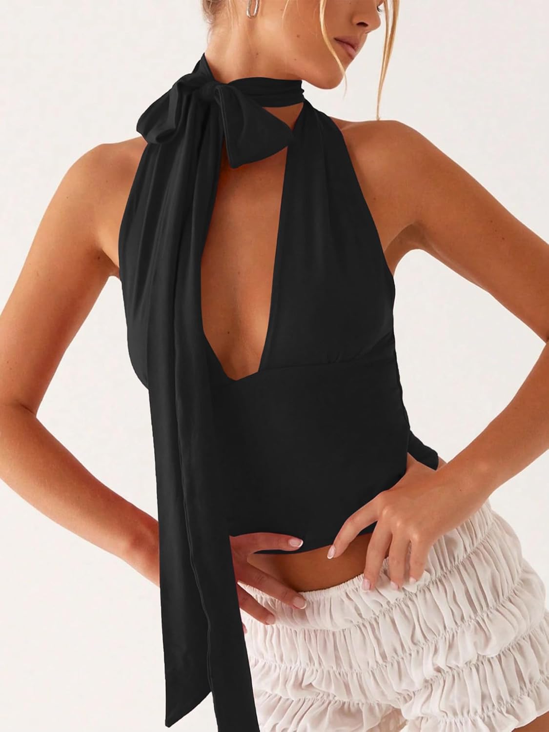 Womens Sexy Scarf Halter Tops Going Out Deep V Neck Sleeveless Backless Crop Top Slim Fit Y2k Summer Clubwear Party Top - Image 4