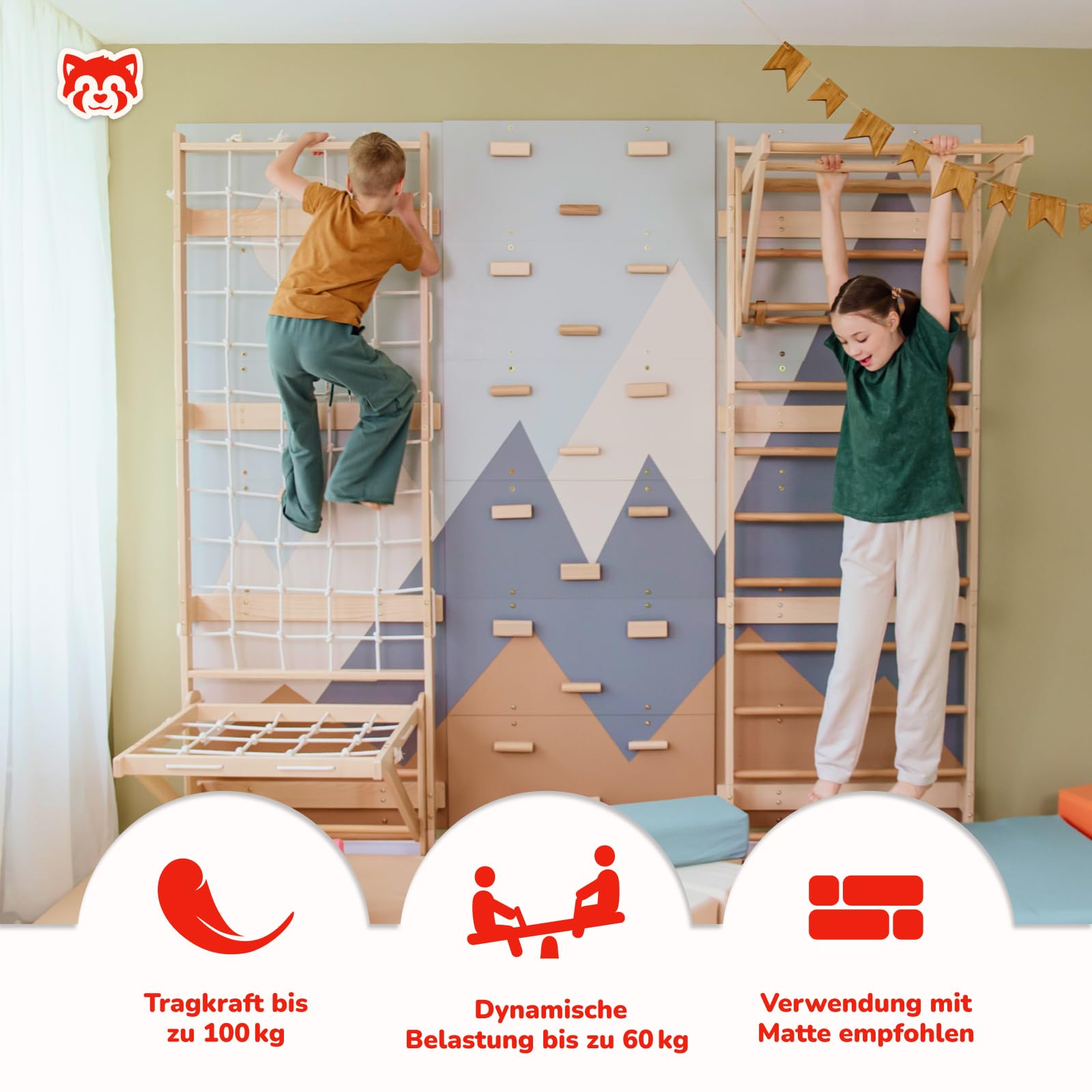 Wood And Hearts Sprossenwand, Klettergriffe, Kletterwand kinderzimmer, Klettern, Indoor Spielplatz, Klettersteine, Baby Klettern Indoor, Spielplatz (Kletterwand-Gym + Sit-Up-Stange)