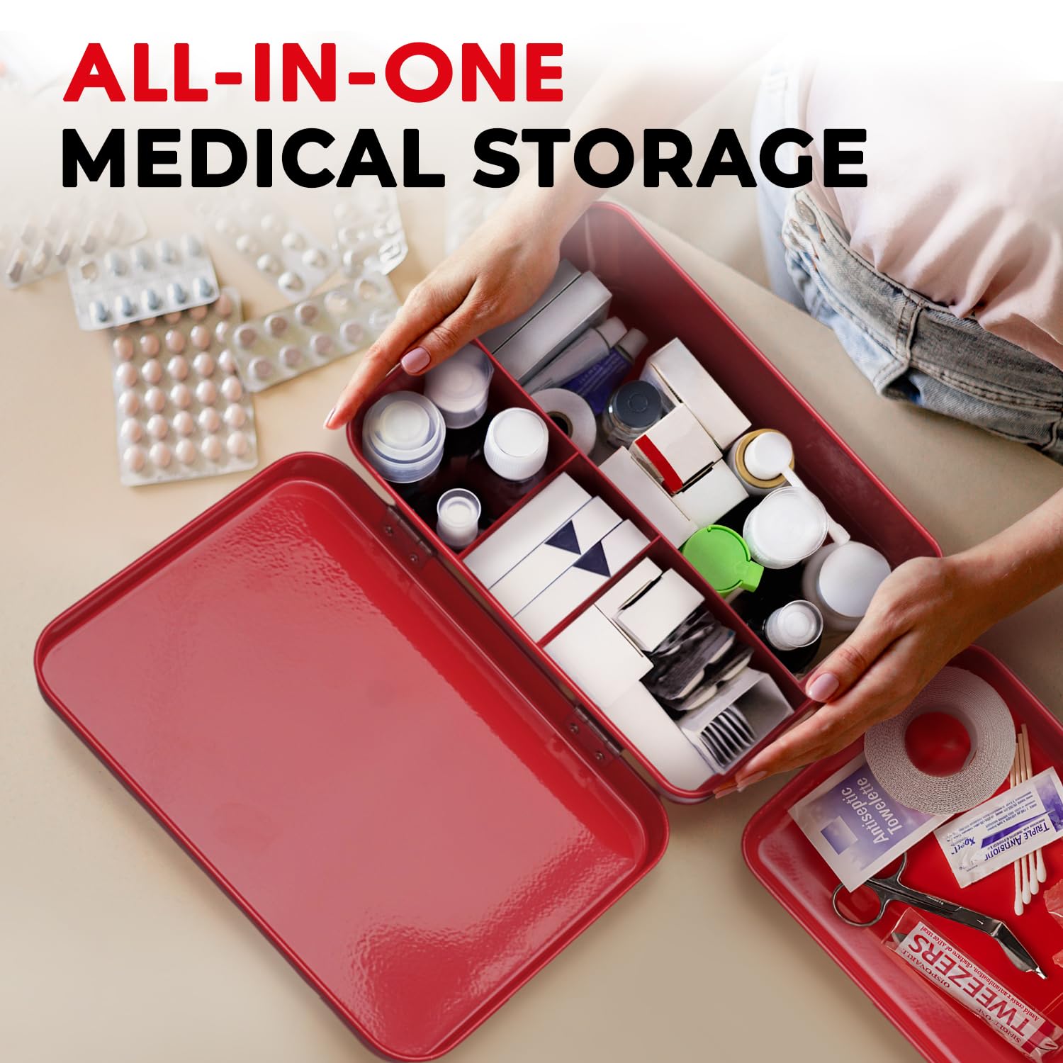 Plexon Contenitore per forniture di primo soccorso, latta di stoccaggio di medicine in metallo da 21,6 cm, organizer per pronto soccorso, kit di pronto soccorso rosso