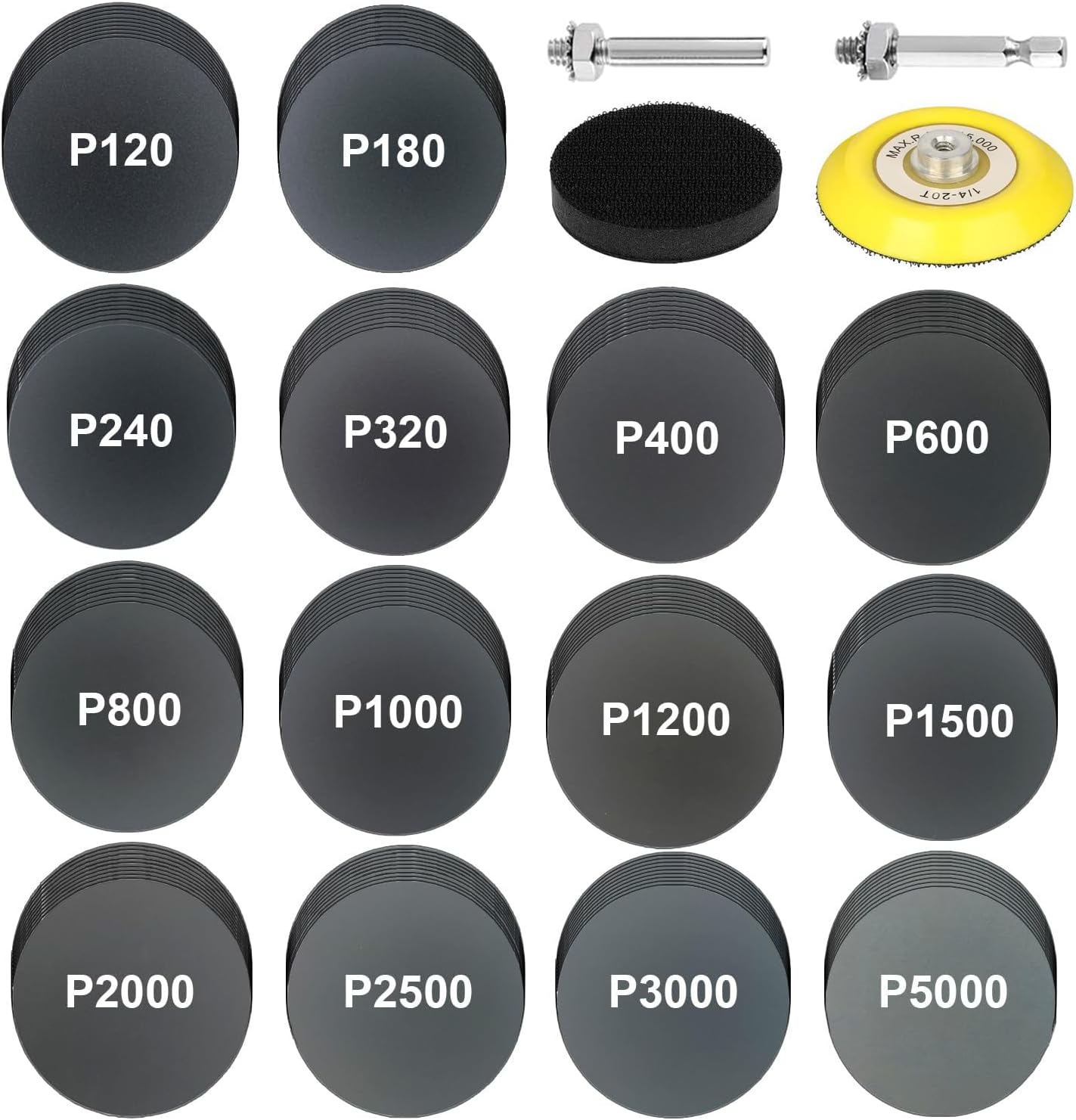 140Pcs 3 Inch Wet Dry Sanding Discs, Assorted 120 to 5000 Grit Silicon Carbide Hook & Loop Sandpaper with 1/4" Shank Sanding Pads and Foam Buffering Pad for Wood Metal Car Polishing & Finishing