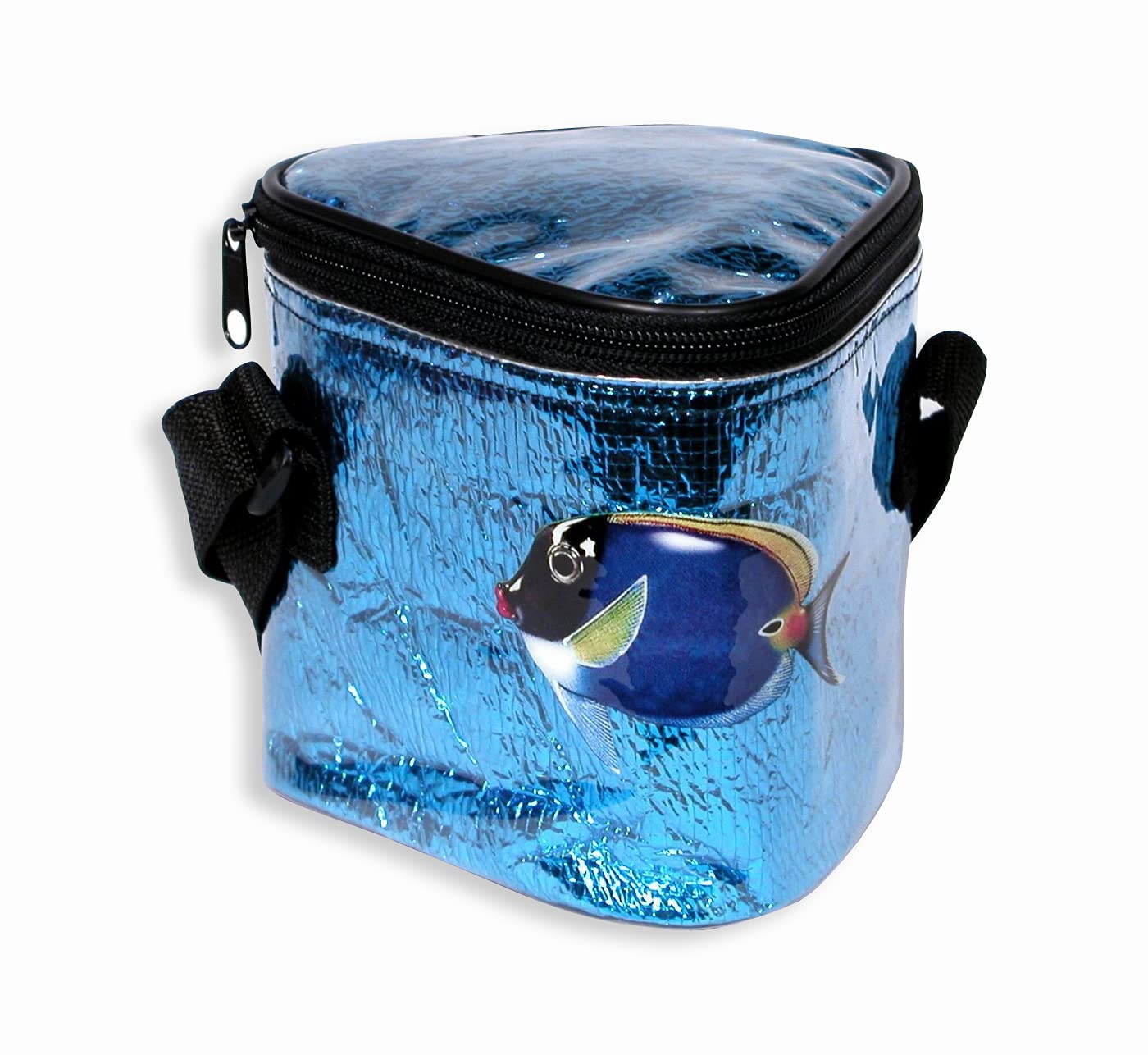 Insulated Small Tropical Fish Beach Cooler Bag, Hold 3 Cola Size Cans 5.5 X 5.5 Blue