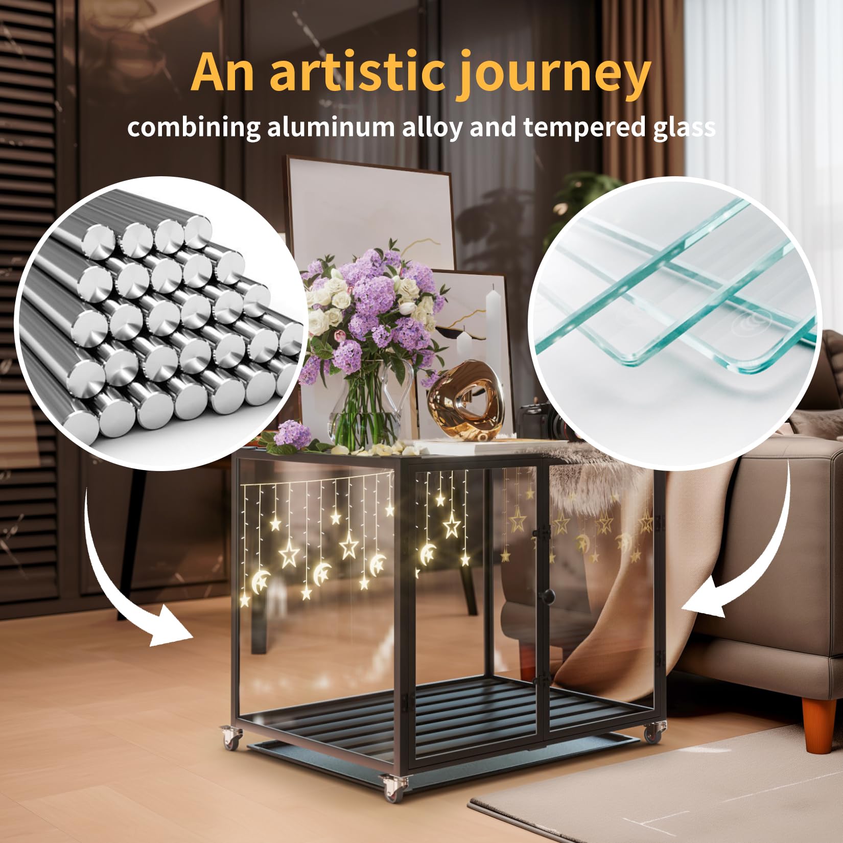 BingoPaw Hundekäfig Möbel Hundebox Indoor: Hundeboxen im Möbelstil aus Aluminium und gehärtetem Glas, Modern Hundehaus für kleine Hunde bis 50kg, M: 76x58.5x66.5 cm, schwarz