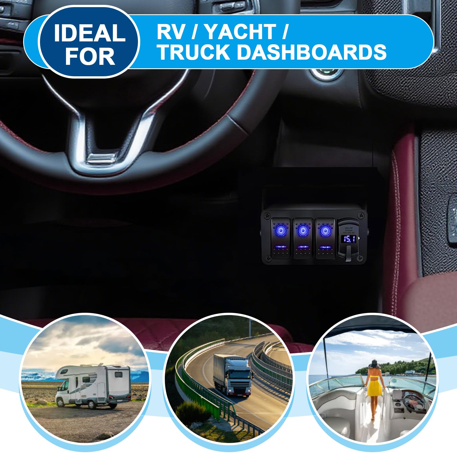 Pannello Interruttori 12V, PannelloInterruttori 3 Gang 12V/24V per Camion | Pannello Interruttori Impermeabile per Barche con Voltmetro Digitale PD & QC3.0, Sistema di Controllo per Camper MarineBarca