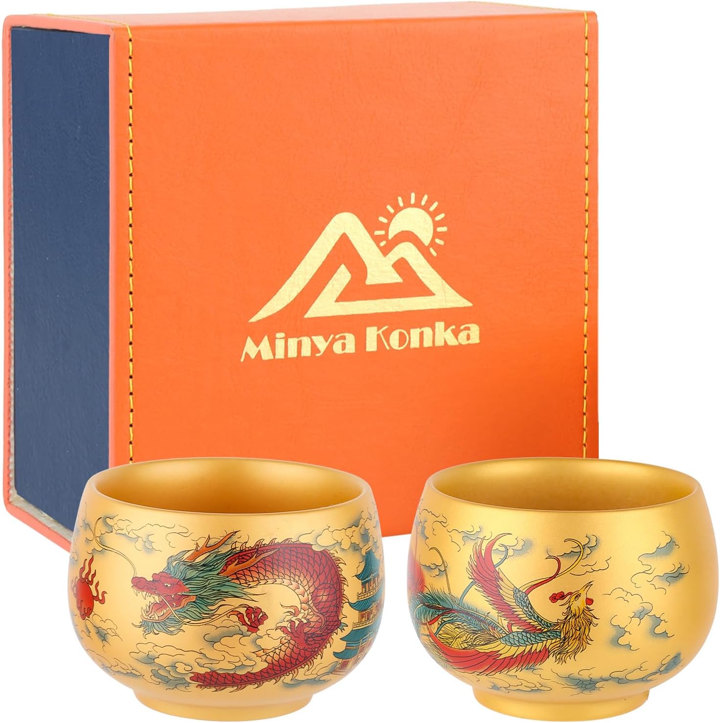 Minya Konka Dragon and Phoenix Porcelain Tea Set, Hand-Painted Golden Lacquer Cups with Luxurious Gift Box, Chinese Wedding/New Year Present, Auspicious Home Decor (Pair)