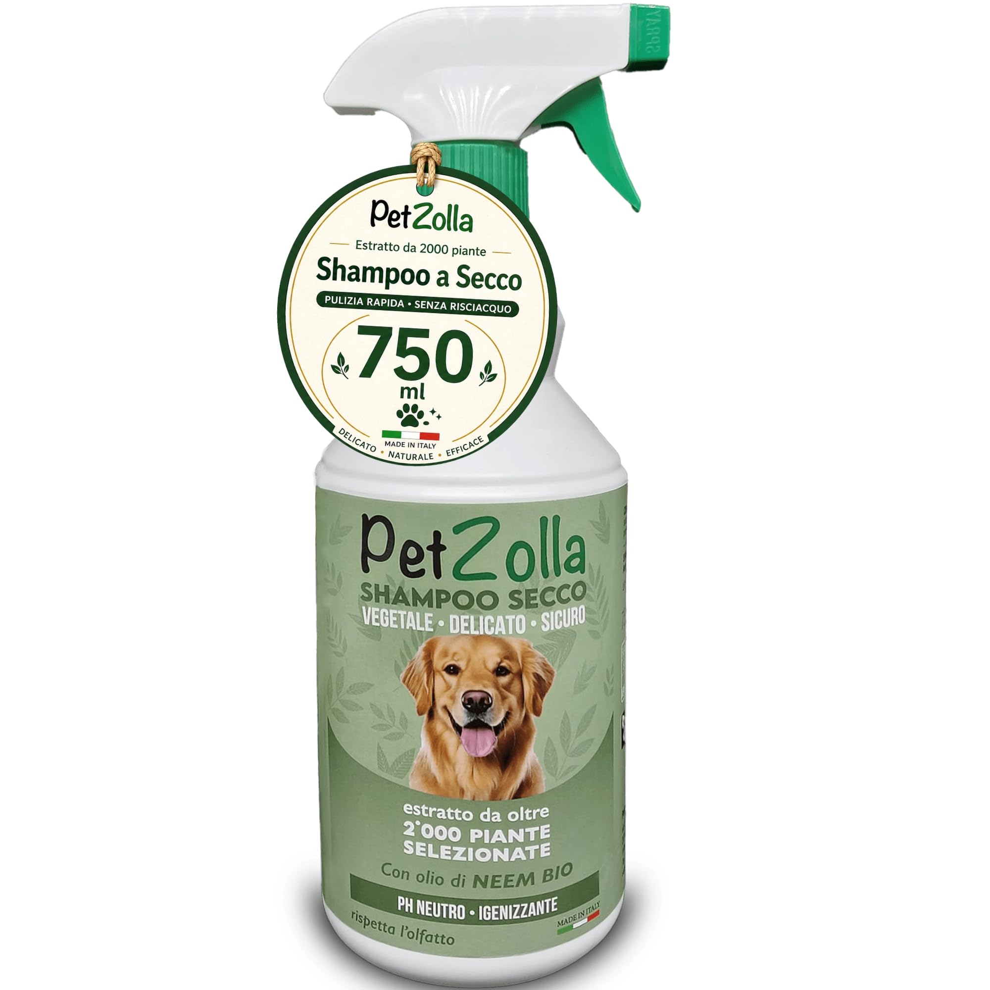 Shampoo secco per cani senza risciacquo 750 ml Idrata e igienizza, Shampoo a secco per cani naturale con olio di neem, argan e timo, sicuro anche per cuccioli - Made in Italy