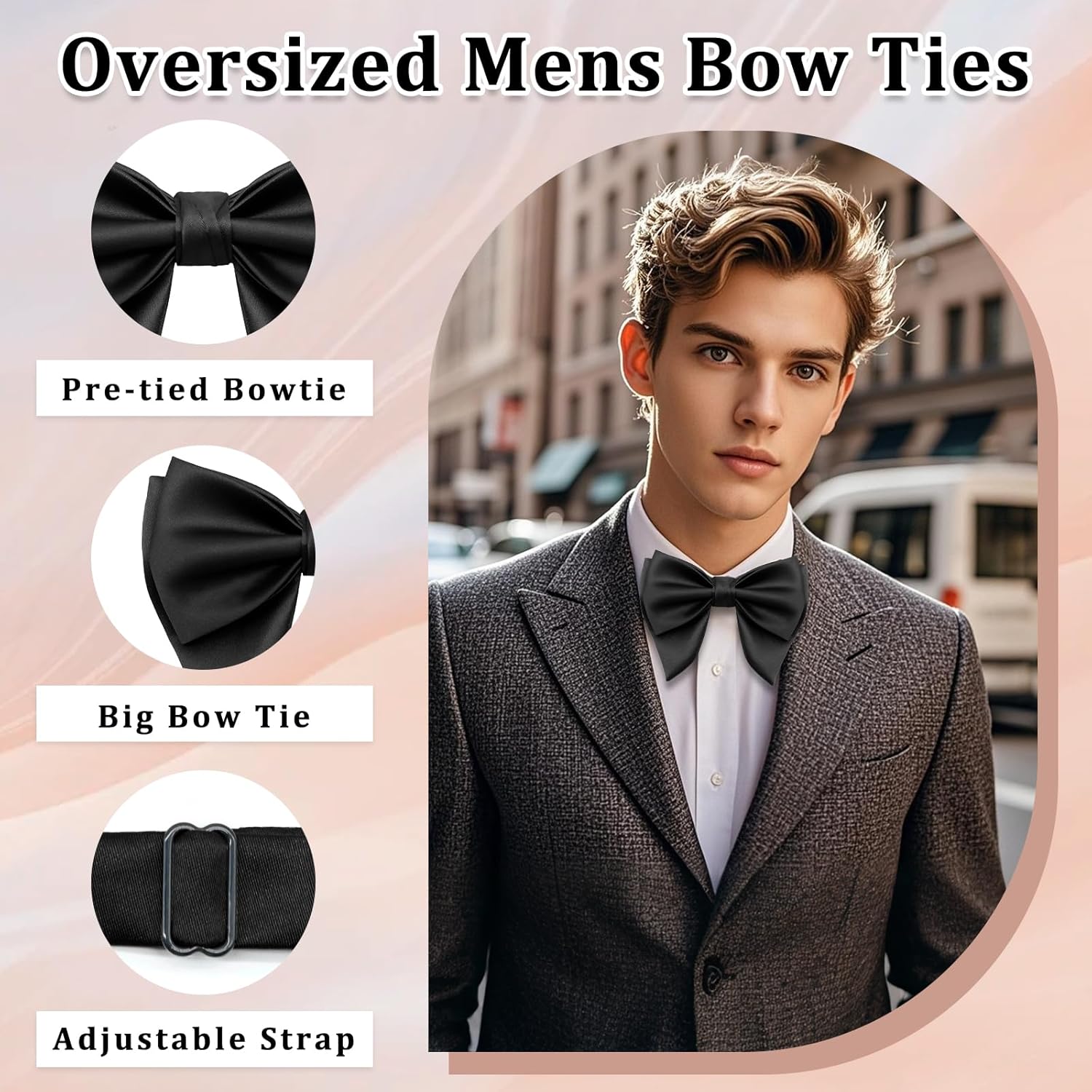Oversized Bow Ties for Men, Adjustable Pre-tied Mens Bow Tie, Solid Color Bowties Men for Wedding Party Formal - Image 3