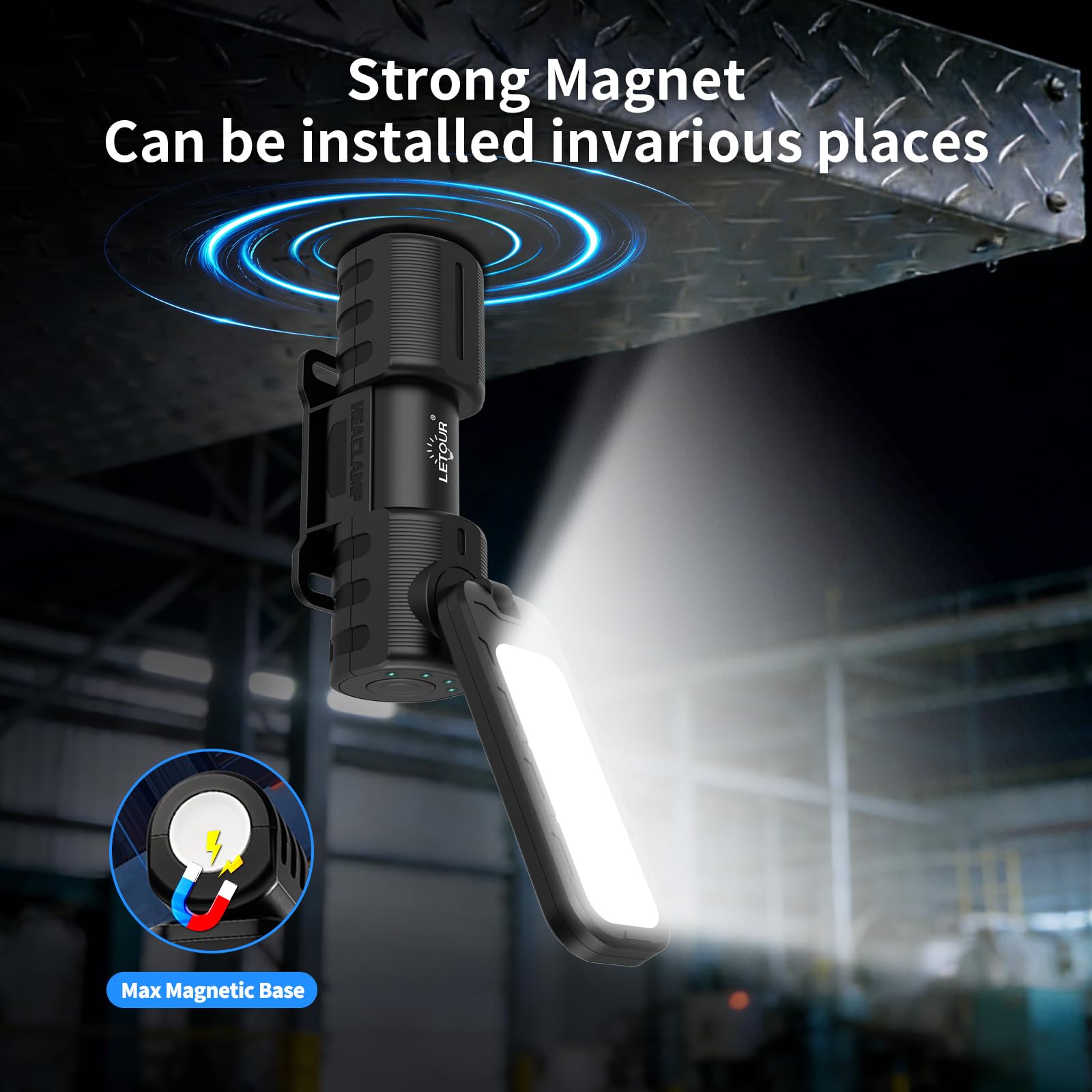 2 Pack LED Work Light 2000 Lumen Rechargeable Torch Light IP44 Waterproof Foldable 180° Rotating Stand Magnetic Inspection Lamp for Maintenance Work Night Walking Camping Emergency 2