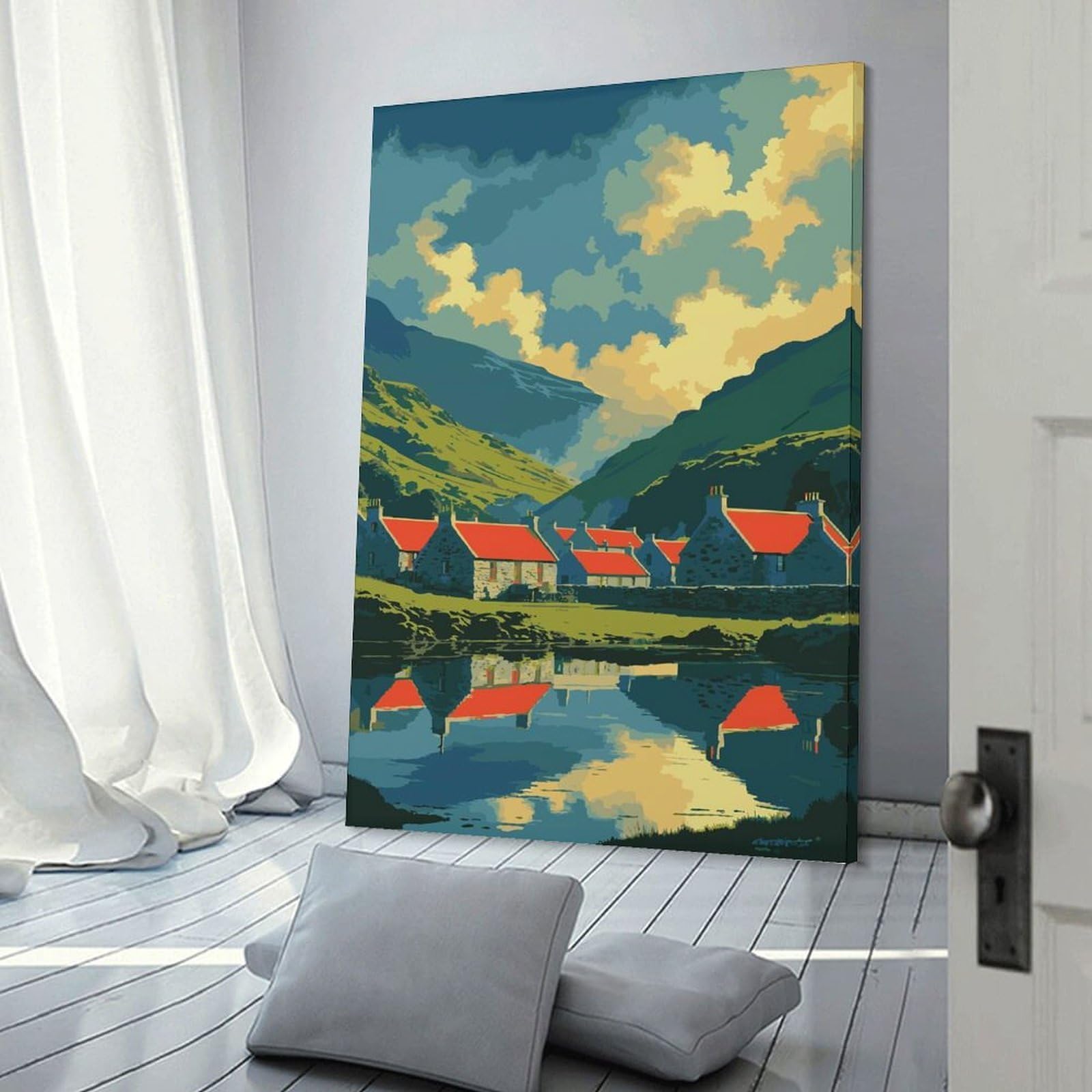 Junmoney Idyllic Village Landscape with Lake Reflection Hanging Wall Art, 24x36inch(60x90cm), for Living Room, Bedroom, Office Or Hallway, Decorative Artwork with Broad Appeal