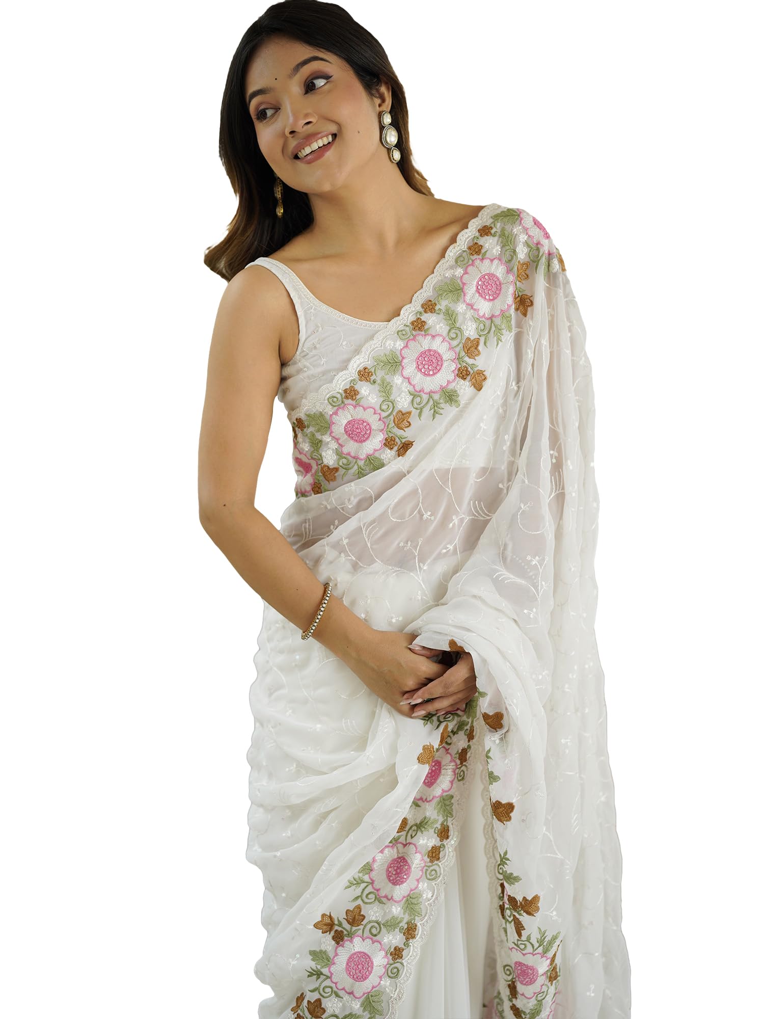 akhilam Women's White Georgette Embellished Saree With Unstitched Blouse Piece (AARYAN12806_KR)-picture-25