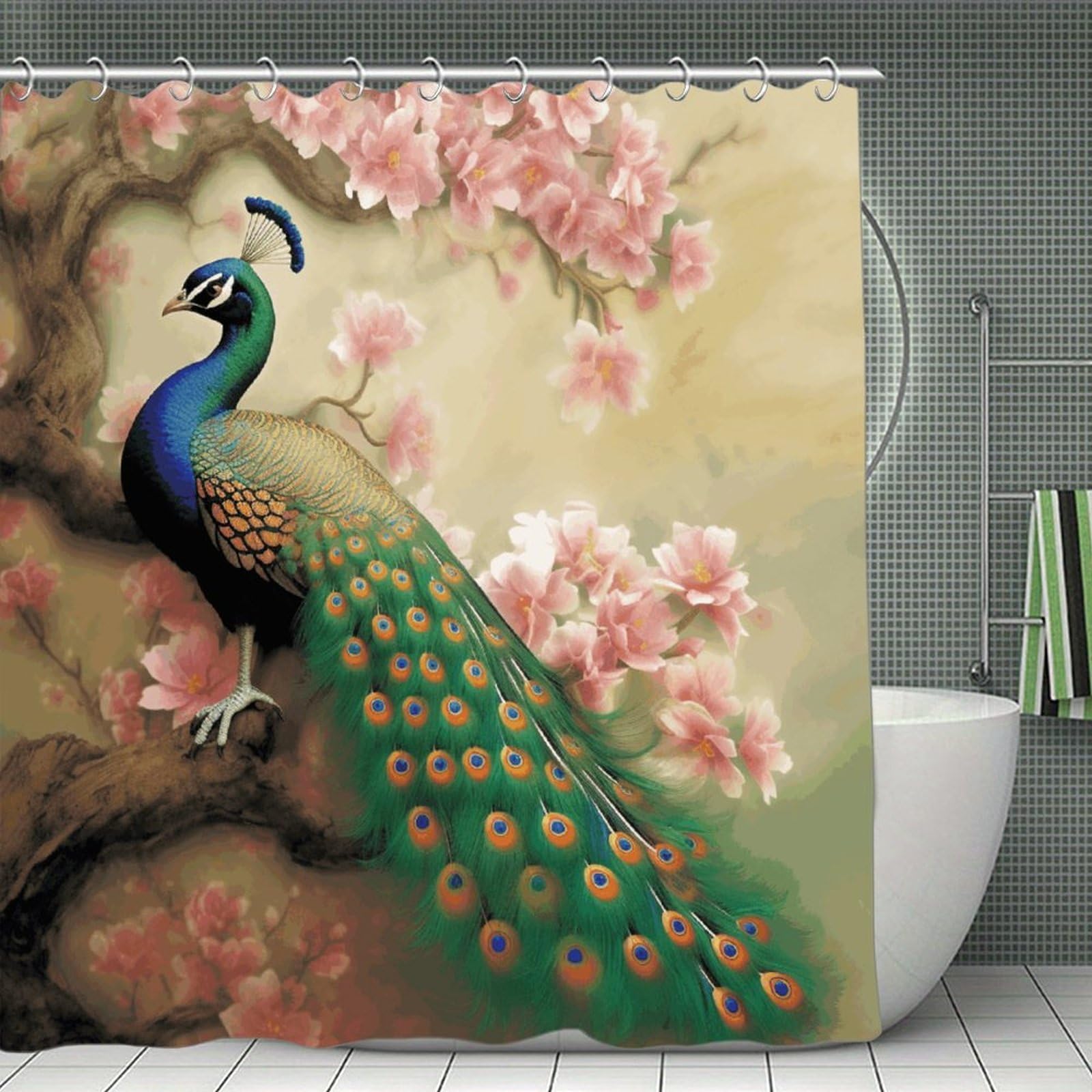 VstaDank Oriental Peacock on Flower Tree Shower Curtain Waterproof Bathroom Curtain with Hooks Luxury Weighted Bath Curtains for Bathtubs Showers Room Dividers Decorative Shower Curtains 71x71 in