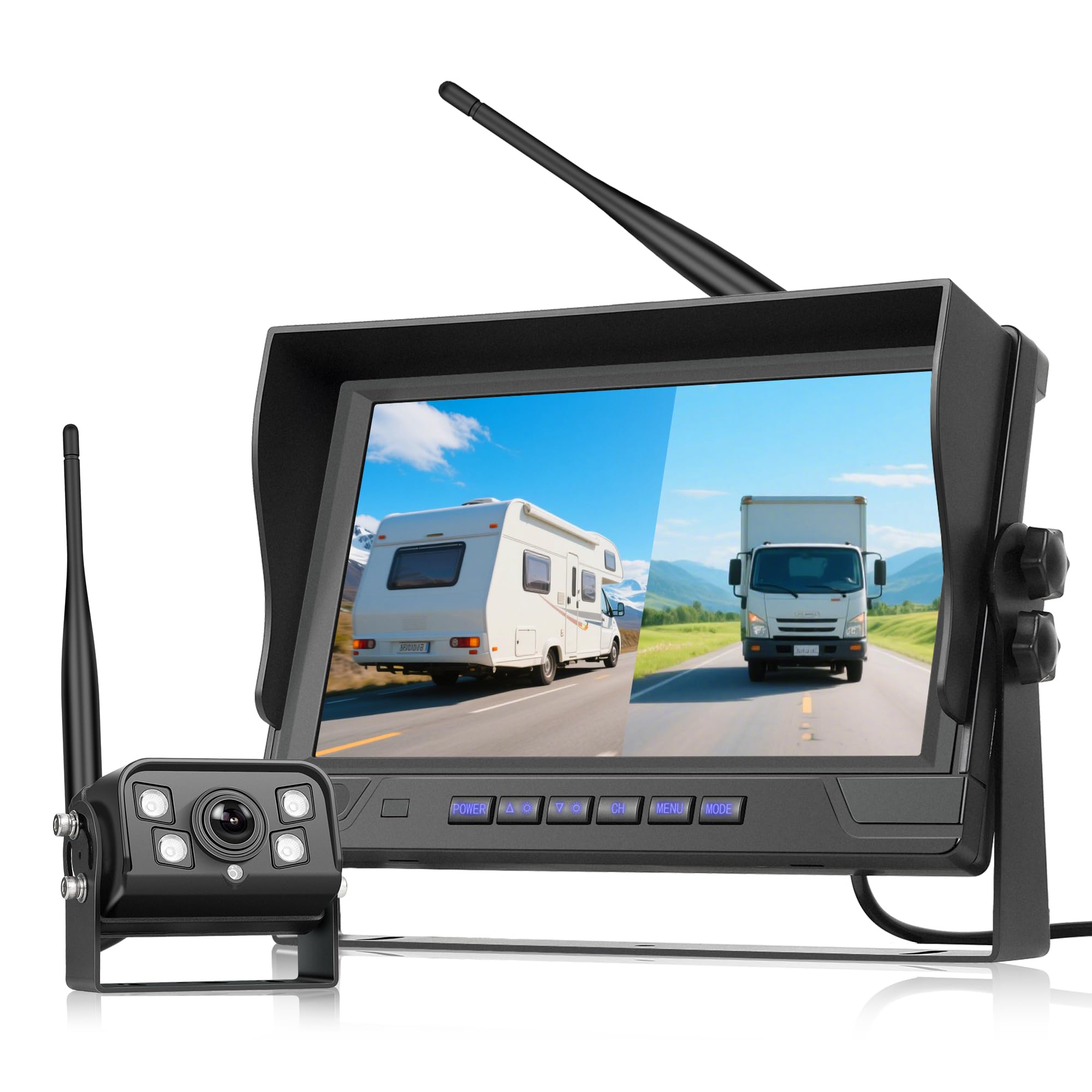 Bezprzewodowa cyfrowa kamera 1 kamera tylna z monitorem IPS 9 cali, wodoodporna kamera cofania IP68, BSD, noktowizor, flip, pętla wideo, do ciężarówek/przyczep kempingowych/kamperów/autobusów