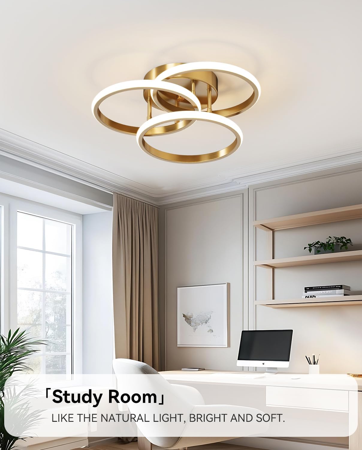 Dimmable LED Semi Flush Mount Ceiling Light Fixture with Remote Control 3-Color Dimming Circle Modern Chandelier, Close to Ceiling Bedroom Kitchen Hallways Balcony Corridor Lamp (15in- 3 Ring Gold)