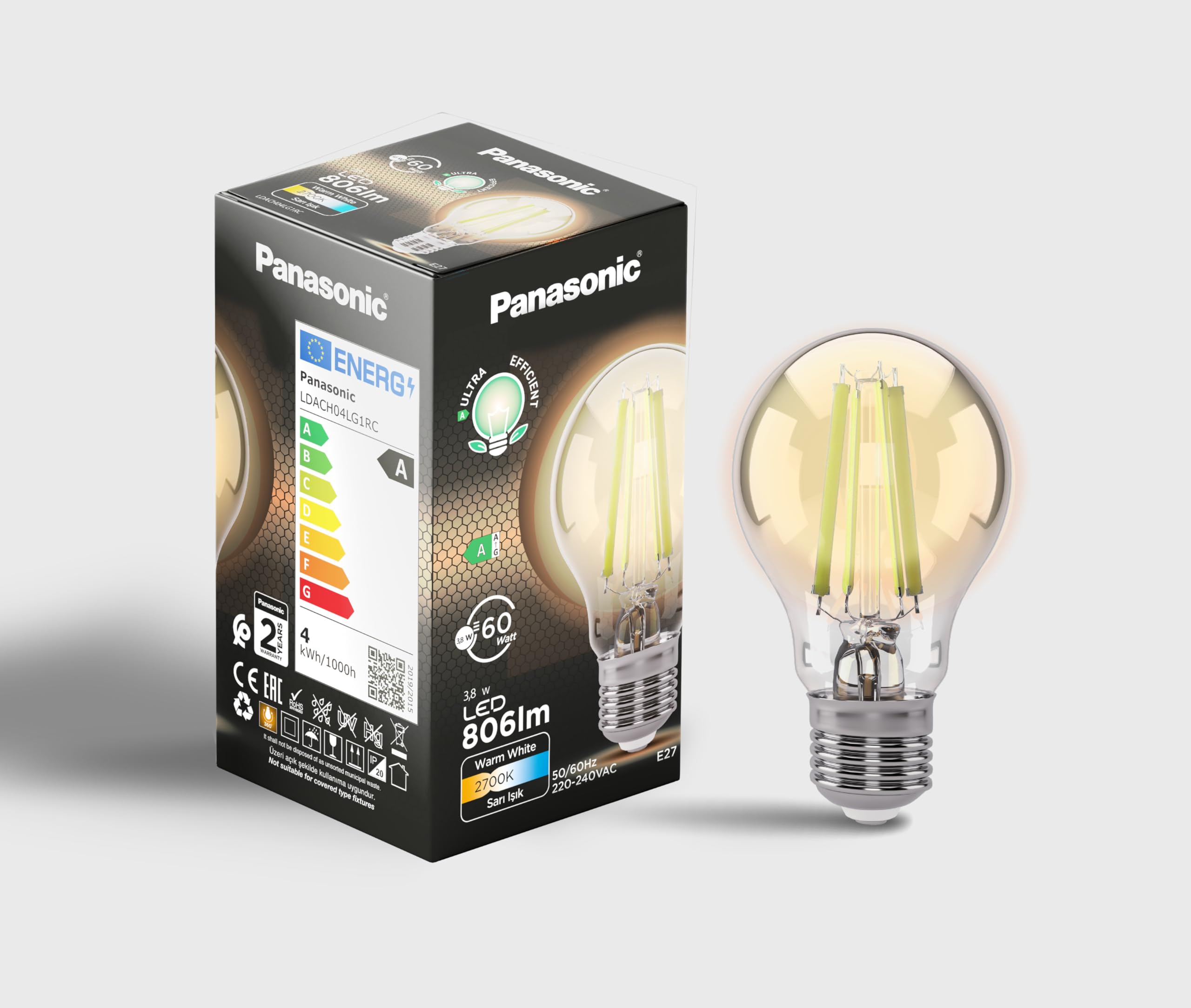Panasonic Filament Ampul E27 A Sınıfı Enerji 3.8W 806LM 2700K Clear
