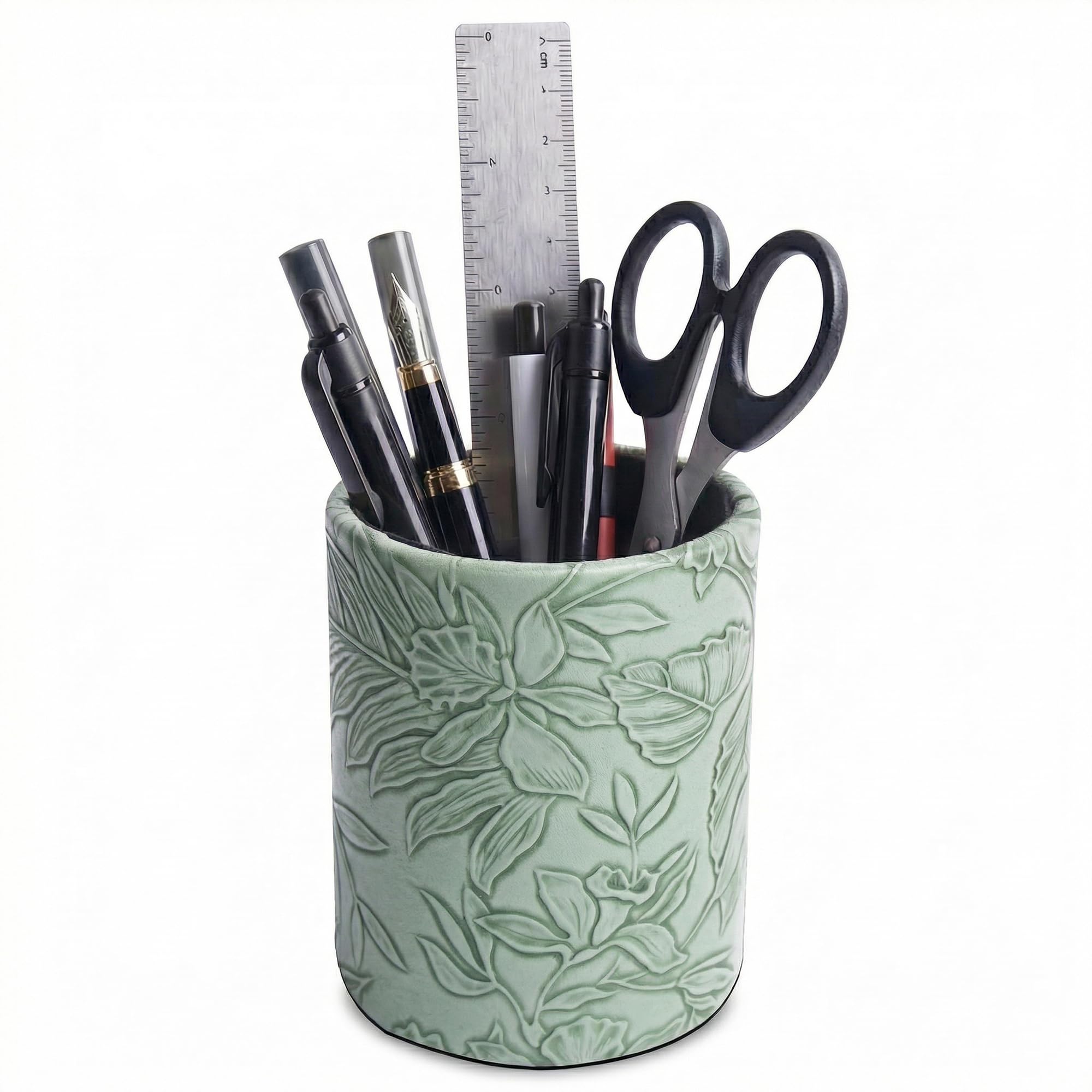 Czzmy PU Leather Pen Holder Round Flash Makeup Brush Holder Desktop Pencil Storage Holder Gift for Desk Office Classroom Home(1-Carved Green2)