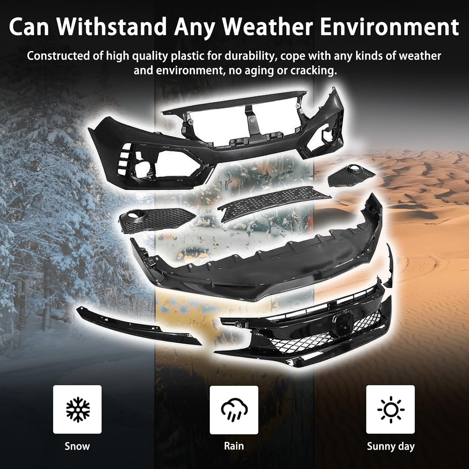 Type-R Style Front Body Bumper Kit Fit for 2016-2021 Honda Civic 10th-Gen Sedan Body Kit Retrofit Parts Bumper Cover With Upper&Lower Grille + Fog Lights Cover + Lower Tip