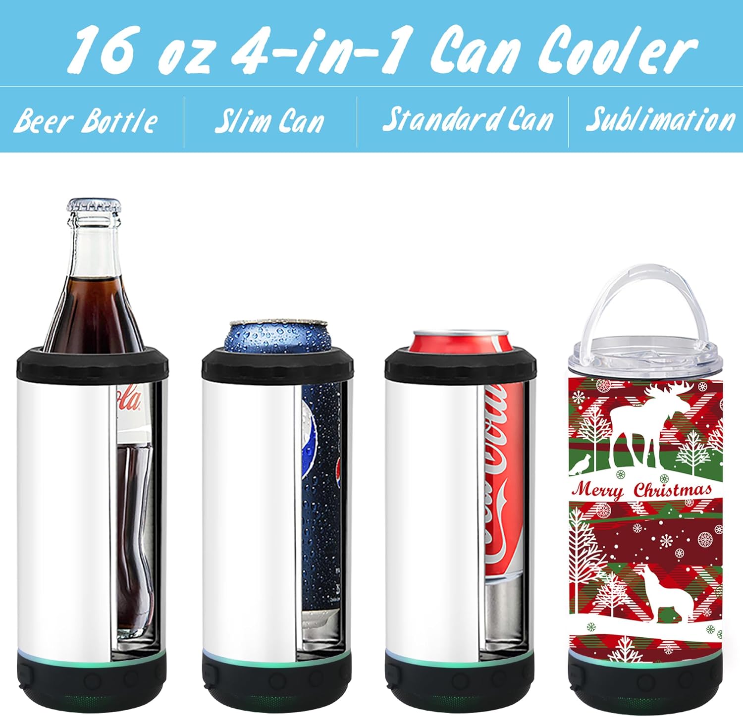 1 Pack 16oz Sublimation Music Bluetooth Tumbler Cup 4 in 1 Can Cooler with Speaker Stainless Steel Double Wall Vacuum Insulated Can Holder Beer Can Cooler (black) - Image 5